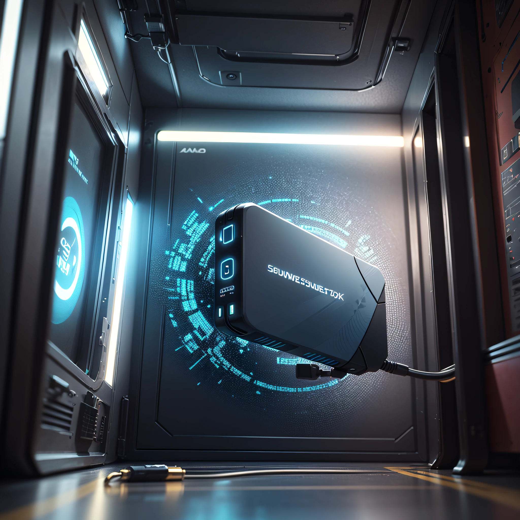 A power bank,Professional soundstage,Octane renderer,path-traced,Metallic,Blue-black gradient,Mirror-like reflection,best qualtiy,hyper HD,8K --auto