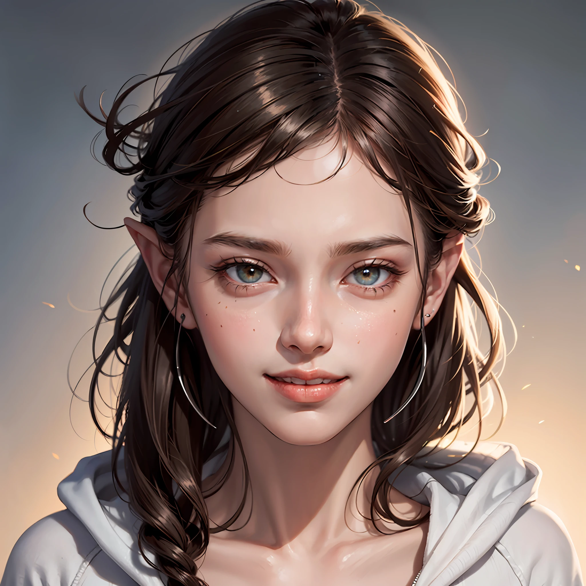 low ponytail, bangs, light brown hair, light brown hair, light brown hair, hood down, feather hair ornament, hairpin, dilated pupils, pointy ears, fingersmile, high detail, Renaissance, cinematic lighting, first-person view, lens flare, Canon, 8k, super detail, UHD, masterpiece, UHD --auto