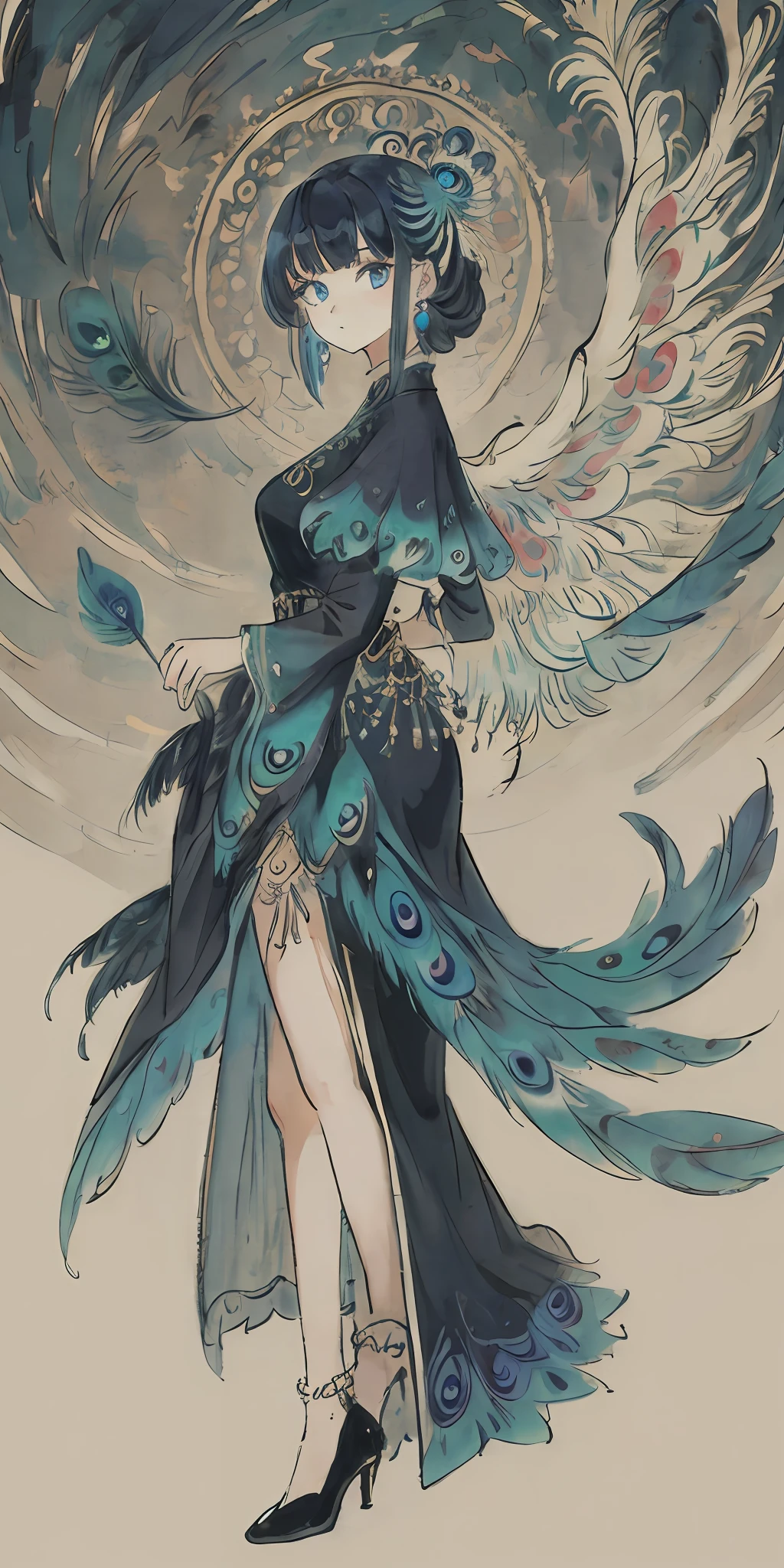 best quality, (masterpiece:1.35), wallpaper, (illustration), original,(depth of field), (1girl:1.35), (solo), full body, dynamic,blue eyes, detailed eyes, peacock wing, [peacock feather gorgeous dress:(peacock feathers):0.65], (disheveled hair), colored tips, colored inner hair, jewelry, intricated filigree, feathers on dress,volumetric lighting, jungle, Tyndall effect, peacock feathers, halation