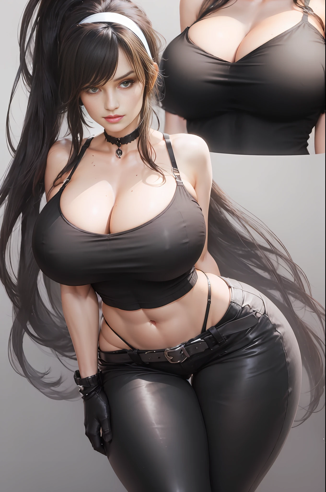 1girl,black camisole,low-cut spaghetti strap tank top,strap gap,black leather pants ,black gloves, black footwear,black belt, black jacket round waist, black clothes around waist,black hairband,covered navel, beautiful navel,high heels boots,high ponytail,Curly hair,very long hair hair,Jean Grey,age, collarbone,huge breasts,perky breasts,bursting breasts,ass,((big butt)), ((huge butt)),slimy,evil smile,curvy,mature body, large aerolae,cleavage,wide hips,slim waist,narrow waist,thick thighs,thighs,tight,Shiny hair,shiny skin,skin tight, sexy,slender body,slim legs, looking at viewer,solo focus,standing,(((masterpiece))), (((best quality))), ((ultra-detailed)), (detailed light),((an extremely delicate and beautiful)),beautiful detailed eyes, perfect composition, perfect anatomy,(((Beautiful thighs and legs that are very supple and chewy))),detailed face,see through clothes, (breast exposure), (hanging breasts), (breasts apart), cowboy shot,(detailed black tank top),(perfect proportion),beautiful detailed clothes, perfect finger,{{{{extremely detailed body}}}},thigh gap,proportional huge breasts,Highly detailed women,fine detail,bra strap, beautiful body, perfect face