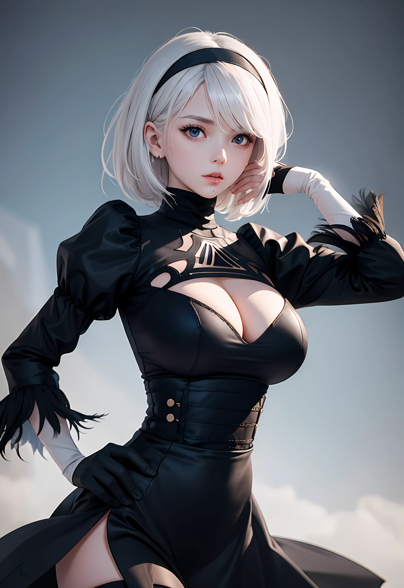 mastepiece,(ultra-detailed),best quality,1girl,(expressionless),huge breasts,sagging breasts,(shiny skin),various pose,ruins,
1girl, yorha no. 2 type b, solo, white hair, puffy sleeves, short hair, ((mole under mouth)), long sleeves, juliet sleeves, cleavage cutout, black hairband, parted lips, black thighhighs, black gloves, cleavage, turtleneck, bangs, feather trim, feather-trimmed sleeves, blue eyes, black skirt,