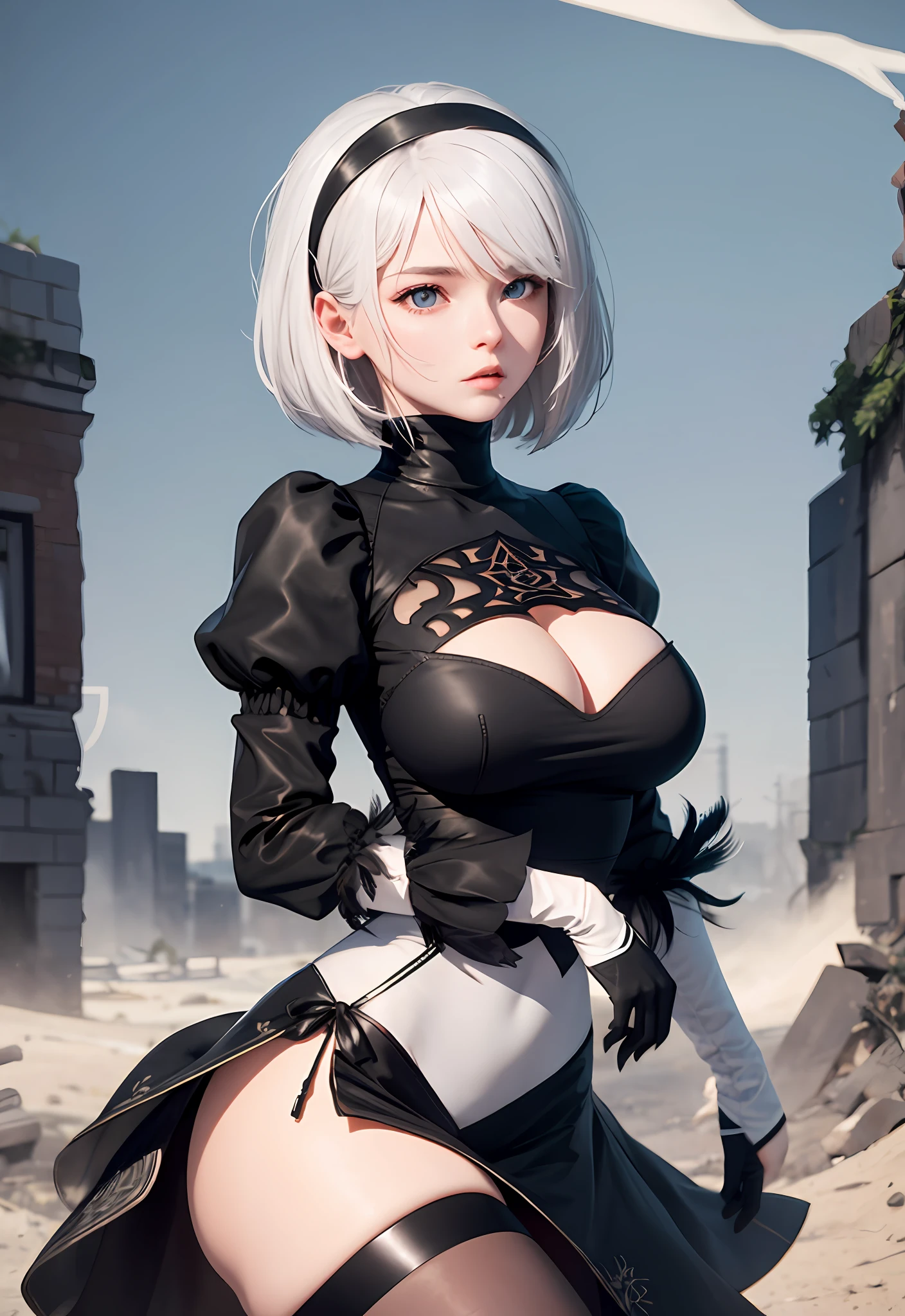 mastepiece,(ultra-detailed),best quality,1girl,(expressionless),huge breasts,sagging breasts,(shiny skin),various pose,ruins,
1girl, yorha no. 2 type b, solo, white hair, puffy sleeves, short hair, ((mole under mouth)), long sleeves, juliet sleeves, cleavage cutout, black hairband, parted lips, black thighhighs, black gloves, cleavage, turtleneck, bangs, feather trim, feather-trimmed sleeves, blue eyes, black skirt,