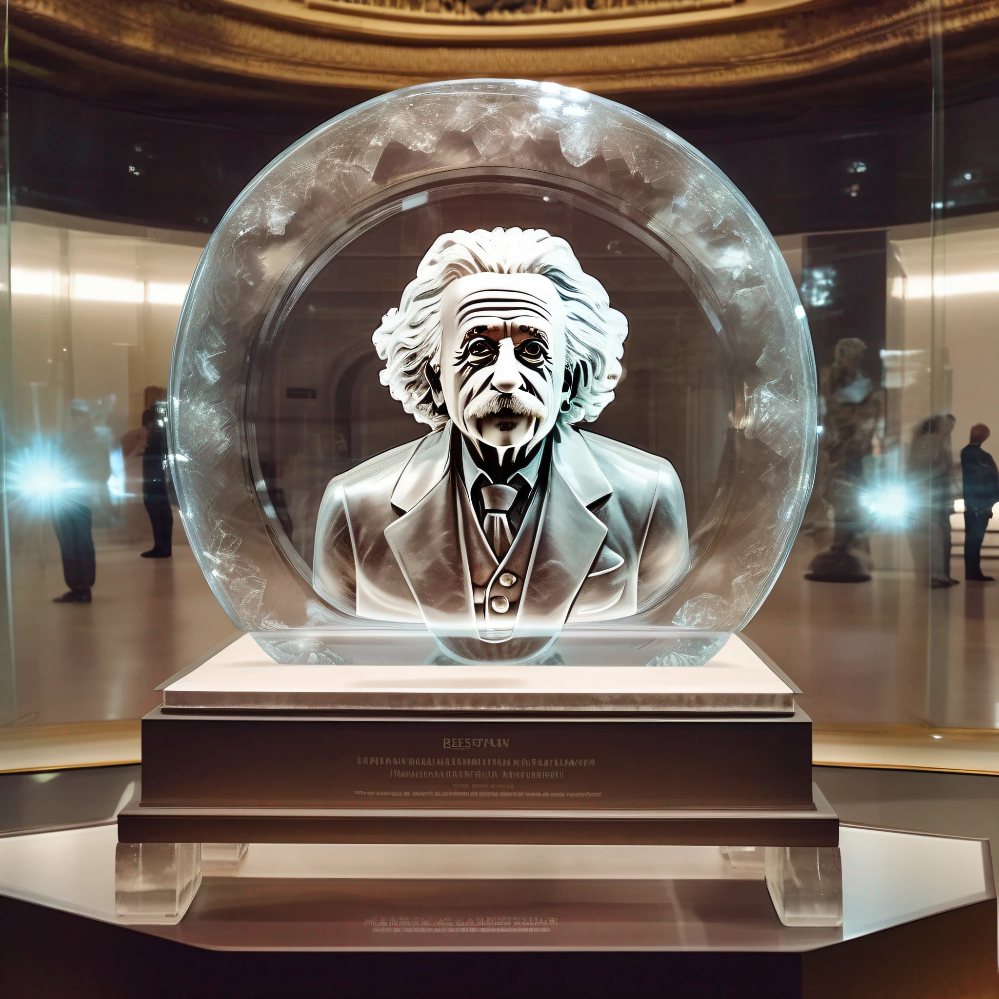 instagram photo, statue of Albert Einstein in transparent crystal, wide angle, hyper detailed, crystal eyes, studio photo, made of ornate transparent crystal, on an exhibition altar, museum background