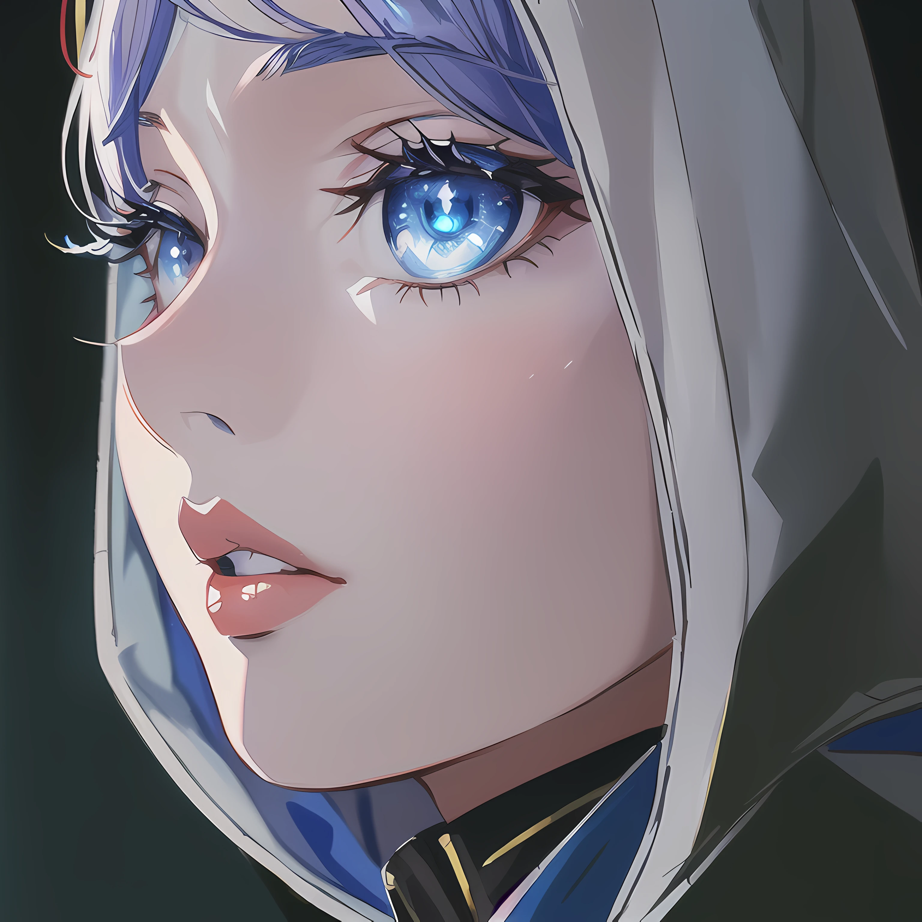 ((close up portrait of middled age woman with a hood on & with big huge giant blue eyes & tiny nose & closed big huge giant full lips!!!:1.5)), she is looking at the camera & her expression is solemn, colorfull anime portait, colorfull anime profile, solemn expression, mysterious portrait of a woman, inspired by Naruto anime series, myself, mysterious portrait, mysterious eerie portrait, night!!! (((masterpiece))), (((best quality))), ((ultra-detailed)), (highly detailed anime illustration), ((an extremely delicate and beautiful)),(from side),cinematic light,((1anime woman)),solo, black background, extreme detailed,colorful,highest detailed