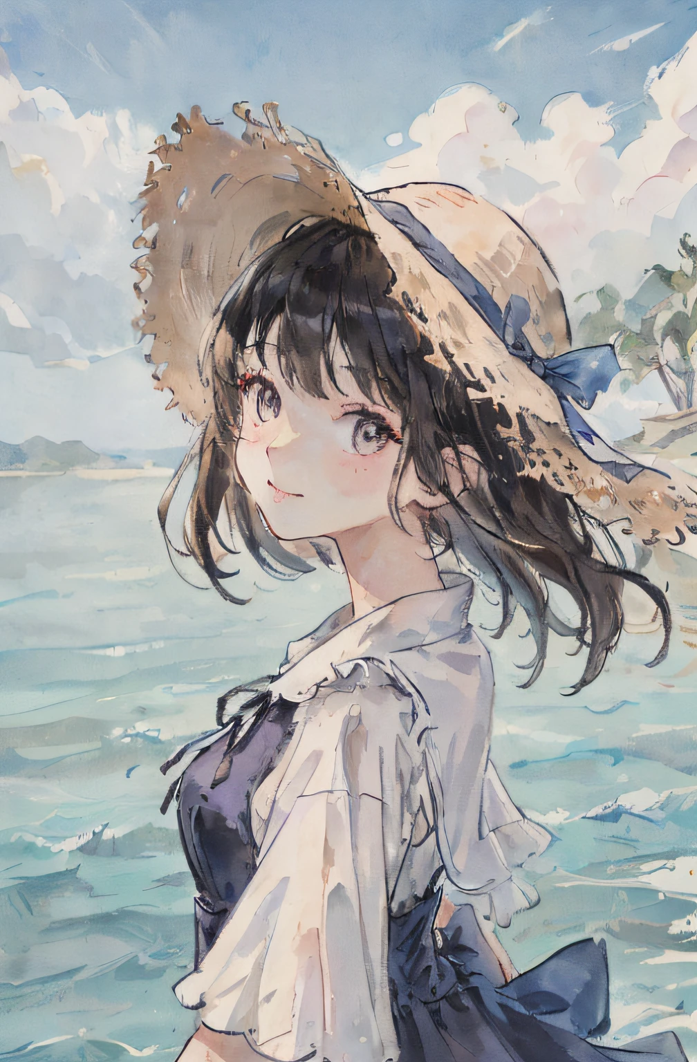 (realisitic:1.4)、(Very complex:1.2)、(The whole body of the body:1.2)、(from the front side:1.3)、1girl in Smile, Long Black Hair, Wearing a big straw hat, Solo, White blouses, Dress, shortsleeves, Looking at Viewer, grey eyes, Bangs, Summer blue sky and sea background, Closed mouth, Collared dress, blush, frilld、1girl in、Solo、超A high resolution、8K UHD、perfect anatomia、Exquisitely detailed skin、Best Shadows、 Delicate、hight resolution