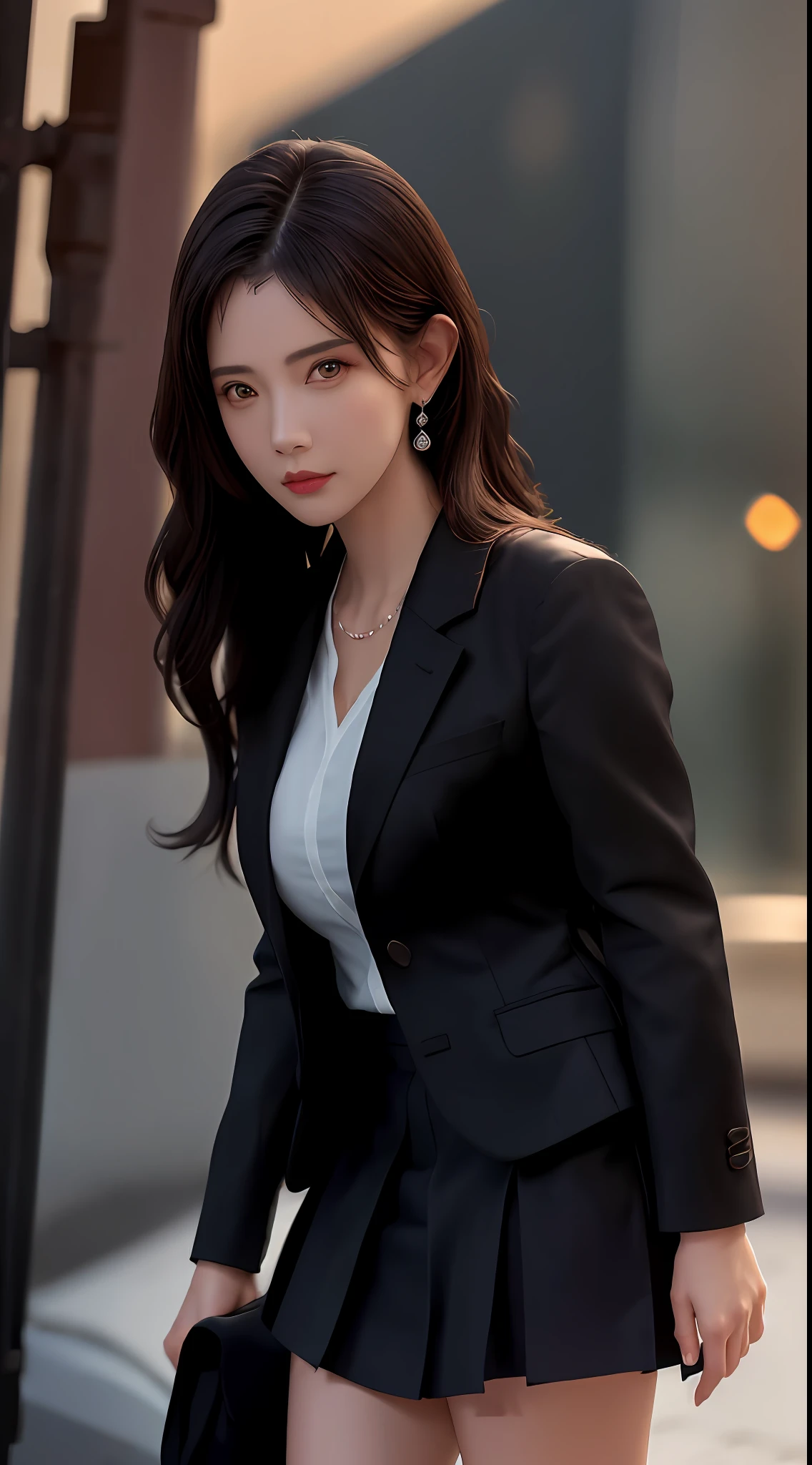 best quality, masterpiece, 1girl, Beautiful face, (photo realistic:1.3), rim lighting, (high detailed skin:1.2), 8k uhd, dslr, high quality, high resolution, 4k, 8k, Bokeh,  absurdres, best ratio four finger and one thumb, (realistic:1.3), cute 1girl, wearing black formal blazer, medium breasts, short skirt,