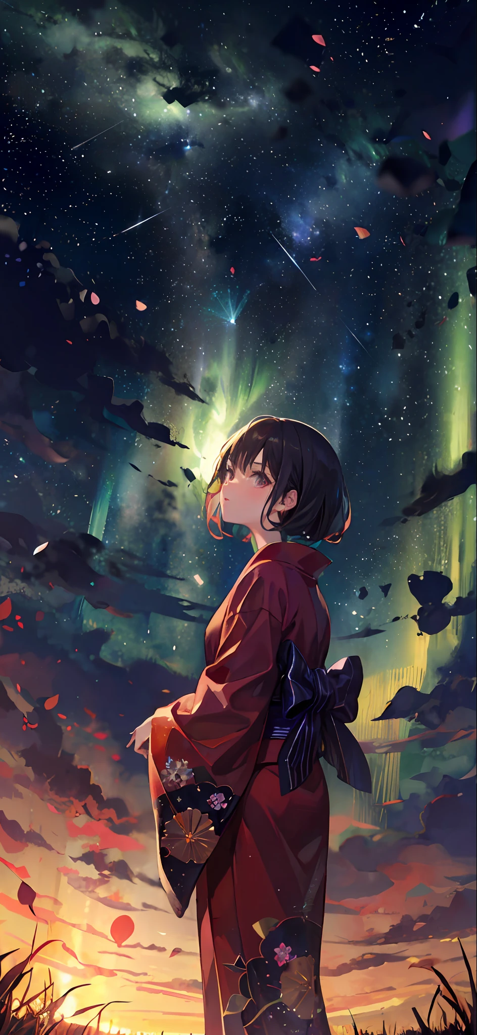 1girl, a distant girl in a kimono staring at the stars, (zoomed out: 1.1), (meteor shower: 1.2), (comet: 1.1), your name, low angle, from behind, northern lights, shooting stars, yukata, red kimono, cherry blossoms, Standing in the field, best quality, masterpiece, cloud, colorful, starry, stars,