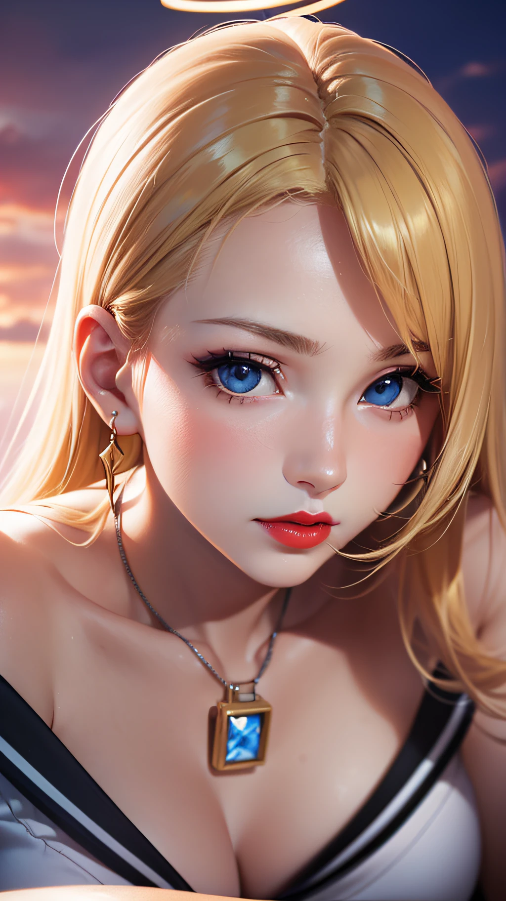 photographrealistic,(One young beautiful Russian girl, laying on a bed in a sexy pose),(Wearing a sailor suit:1.2),(Distant gaze:1.2),full accesories,Necklace,Slim waist,soft makup, Instagram (Photorealistic, High resolution:1.2), Looking at Viewer , (Cute face:1.15) (8K, Raw photo, Best Quality, masutepiece:1.2), (Realistic, Photorealsitic:1.17),(Sharp Focus:1.2), Professional Lighting, Photon mapping, Radio City, Physically-based rendering, (pale skin:1.2),(medium breasts:1.2), Blue eyes, (Blonde colored hair:1.2), Realistic, (masutepiece:1.25),(Best Quality:1.25),(Shiny skin),(Red lips, halo makeup:1.15),(skinny,Shy :1.2), (Sunset light:1.15),