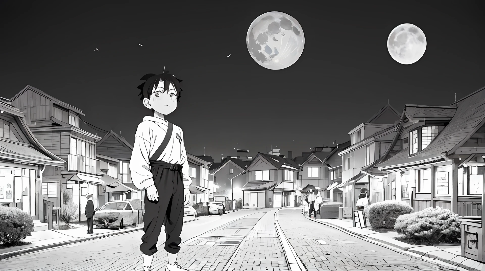 Anime boy standing on a brick road before the full moon, inspired by Tetsugoro Yorozu, mamoru hosoda, in front of a full moon, punpun onodera, in the style of akira, in front of a pale full moon, offcial art, hiro, looking at the full moon, shinji, official anime still, moon behind him