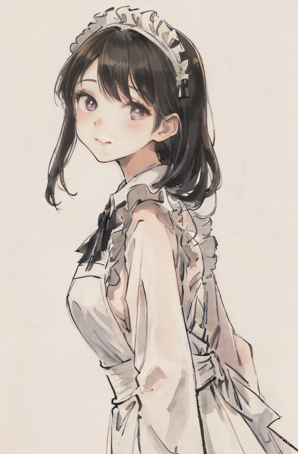 (realisitic:1.4)、(Very complex:1.2)、(The upper part of the body:1.2)、(from the front side:1.3)、1girl in Smile, Long black hair, Maid headdress, Solo, maid apronl, Dress, Long sleeves, Looking at Viewer, grey eyes, Bangs, Simple background, Closed mouth, Collared dress, blush, frilld, White Apron、1girl in、Solo、The ultra-Highres、8K UHD、perfect anatomia、Exquisitely detailed skin、Best Shadows、 Delicate、hight resolution