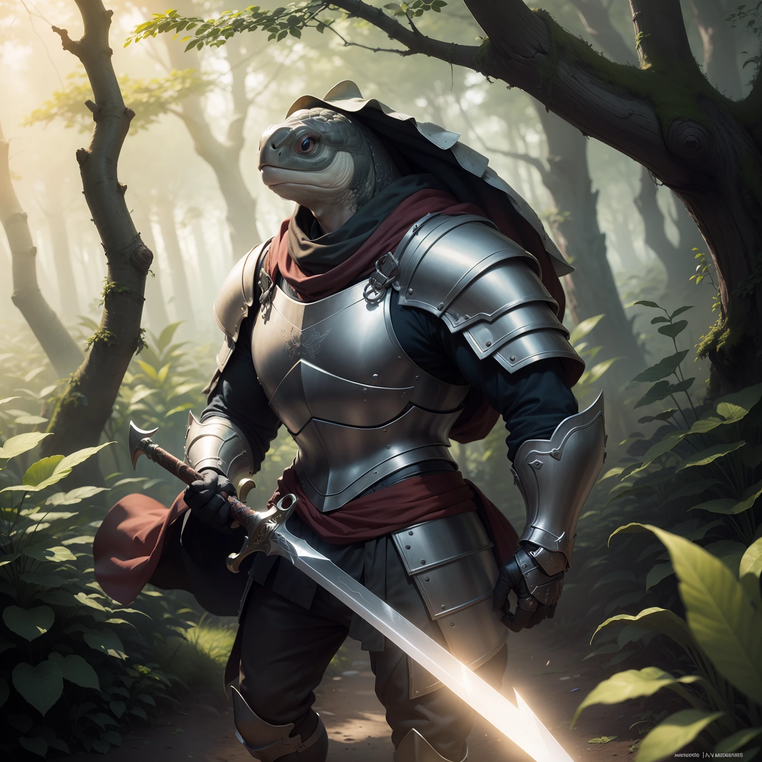 "(melhor qualidade, obra-prima), detalhes ultra-realistas, CG wallpaper with 8K resolution, A magical turtle knight wielding a sword and magic, em um ambiente de fantasia com nuvens e floresta densa ao longe."