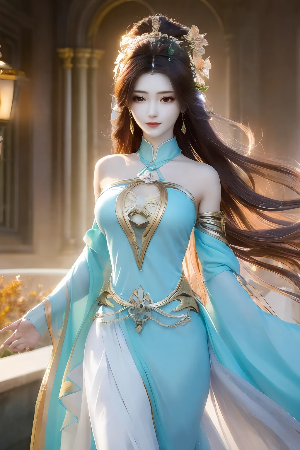 （Liu Shen），1girll，（tmasterpiece），（best qualtiy），（Hyper-detailing），（A high resolution），hoang lap，Ultra-realistic 4k CG，delicate patterns，Complicated details，best illuminate，Best shadow，Natural lighting，depth of fields，bblurry，1girll，独奏，mediating_Breasts，choker necklace，耳Nipple Ring，jewely，（（brunette color hair：1.2））， 独奏， 耳Nipple Ring， long whitr hair， choker necklace，ssmile， hair adornments， shiny skins，（cowboy lens）， （Purple Chinese dress，Purple lines，Floating hair）， peach blossom，blossom flower，The tree，exteriors，