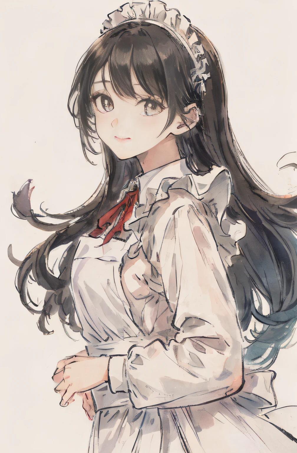(realisitic:1.4)、(Very complex:1.2)、(The upper part of the body:1.2)、(from the front side:1.3)、1girl in Smile, Long black hair, Maid headdress, Solo, maid apronl, Dress, Long sleeves, Looking at Viewer, grey eyes, Bangs, Simple background, Closed mouth, Collared dress, blush, frilld, White Apron、1girl in、Solo、The ultra-Highres、8K UHD、perfect anatomia、Exquisitely detailed skin、Best Shadows、 Delicate、hight resolution