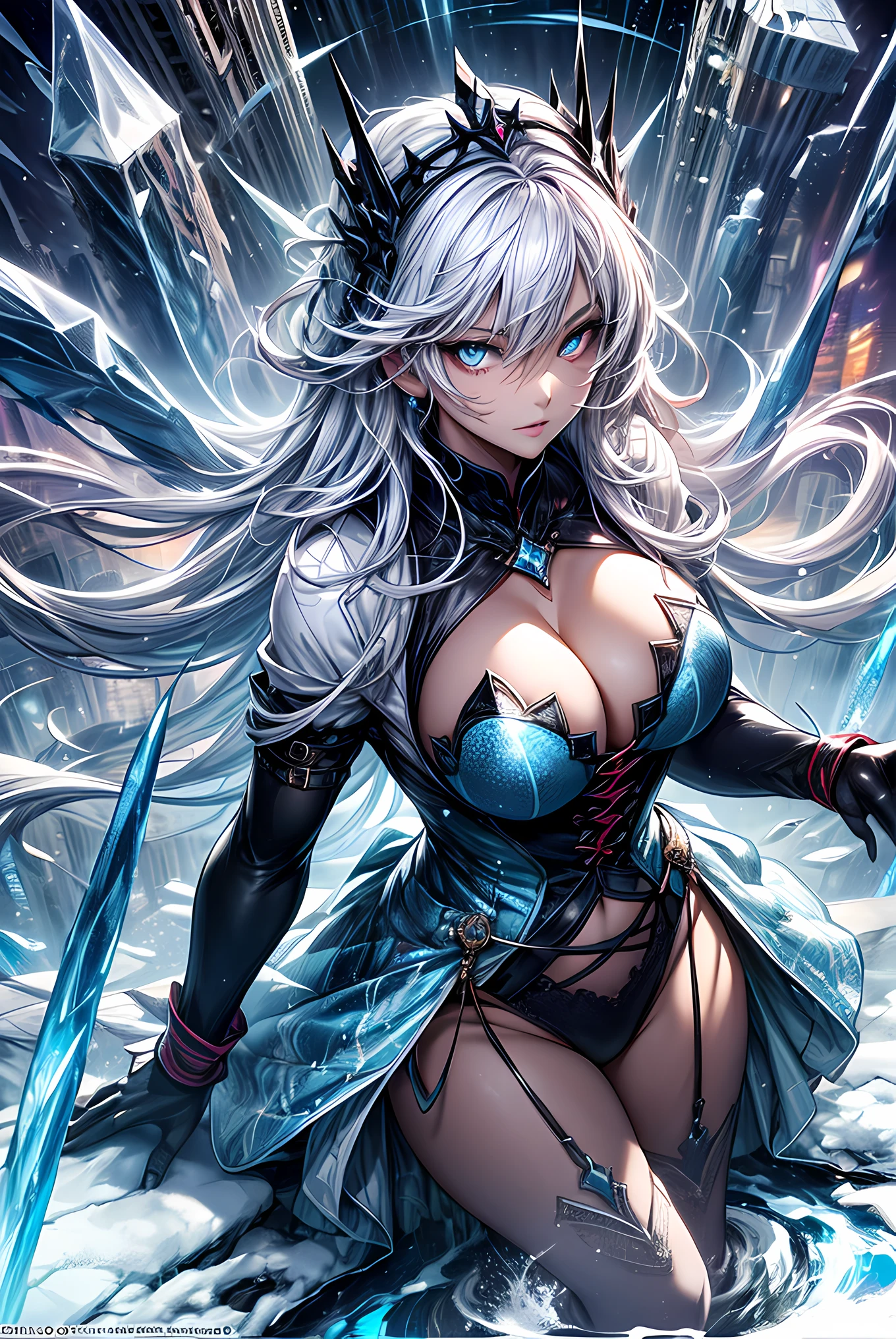 (masterpiece, top quality, best quality, official art:1.2), (detailed), (1girl:1.3), ((from far away)), ((her eyes is a middle of powerful vortex)), magic vortex, ice magic, snow, blue fire, cold aura, ice spell conjunction, anime epic scene, action, (((detailed perfect face))), fantasy, destroyed city, power-hungry, sharp icicles, sexy body, mature body, mature woman, (full body view), seductive body, from above, panoramic view, wide shot, glowing eyes, blue eyes, glowing eyes, crown of ice, freezing sphere, white hair, blue light, big city, frozen city, huge vortex