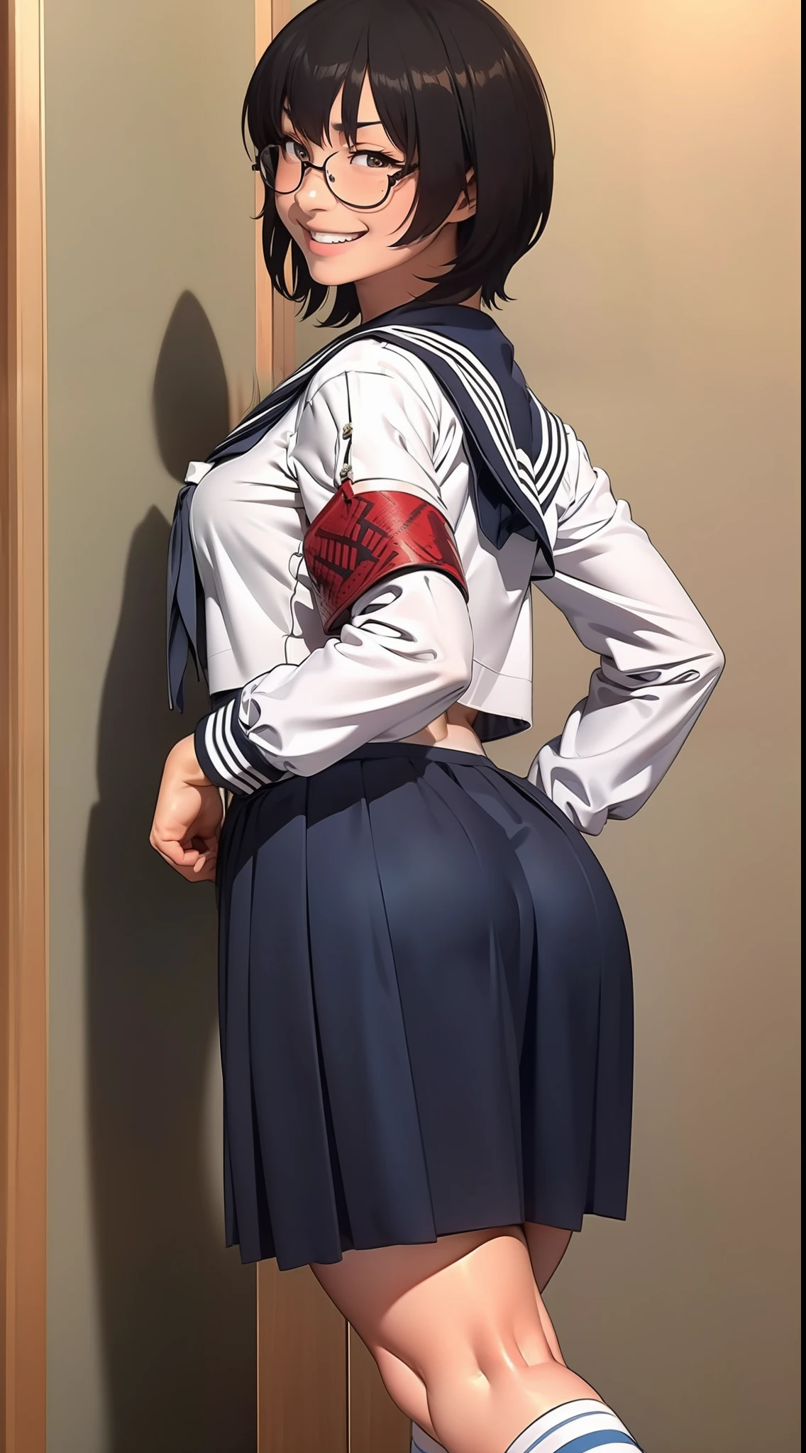 Suzuka, black hair, shirt hair, atarashii gakko!!, white/blue seifuku school outfit, breasts, white sling thong, blue skirt, socks, and ballet shoes, 1girl, close up wallpaper, sexy, ass, back of view, glancing, standing up, tight skirt, grin