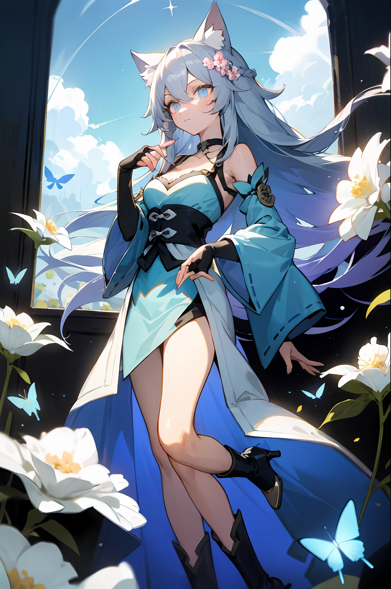 cat ear，（tmasterpiece，Sideslit，Fine beautiful eyes：1.2），（down view），dynamic angle，hyper-detailing，illustratio，closeup cleavage，Straight to the point，1girll，（fanciful：1.4），（Sky blue eyes：1.233），Her eyes sparkled like dreamy stars，（glowing light eyes：1.233），（beautiful and detailed eye：1.1），（silber hair：1.14），（messy  hair，Very long hair，French braids，hair between eye，temple）， （+（bule hair flower：1.14）），（chiffon dress，Bühler flower pattern in uniform）/=（army suit：1.24），（Separate the sleeves，Wide sleeves），（Fingerless gloves），choker necklace，（Miko thighs），high heels boots，（face expressionless，Keep one's mouth shut），（standing on your feet），（Classical princess boudoir with dressing table and French windows in the white old palace），（White flowers，full bloom），（abyssal），（flowingwater），（a dull blue world tree：1.14），（废墟），（the night：1.2），dream magical，seele，（fluorescence），（flying translucent blue butterflies：1.15）， [[Slender fingers and hands：0.55]：：0.85]，（detail finger），（yubao：0.5），