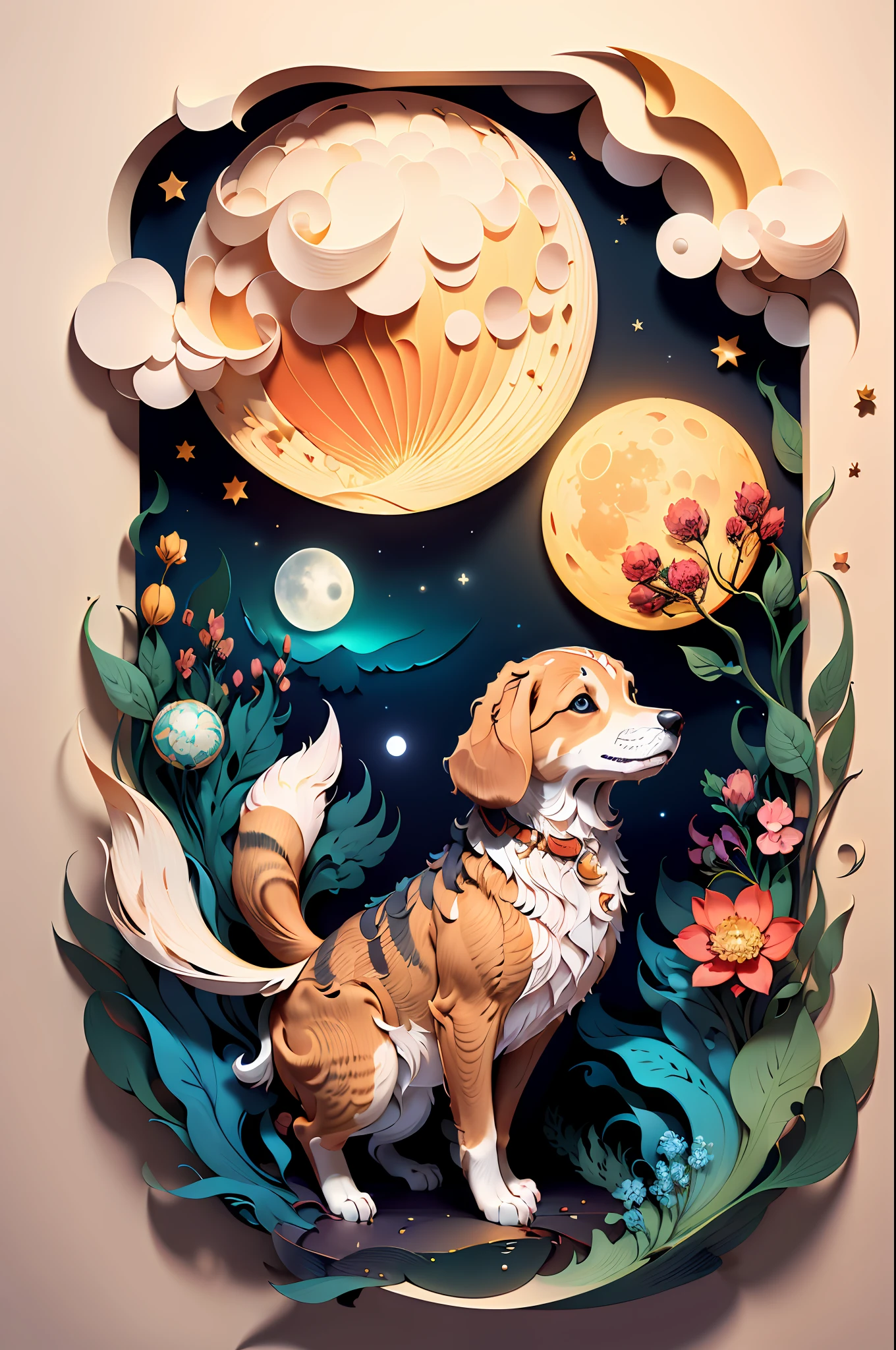 (((masterpiece))),bestquality,illustration,beautifuldetailed, paper_cut, beagle ,moon,