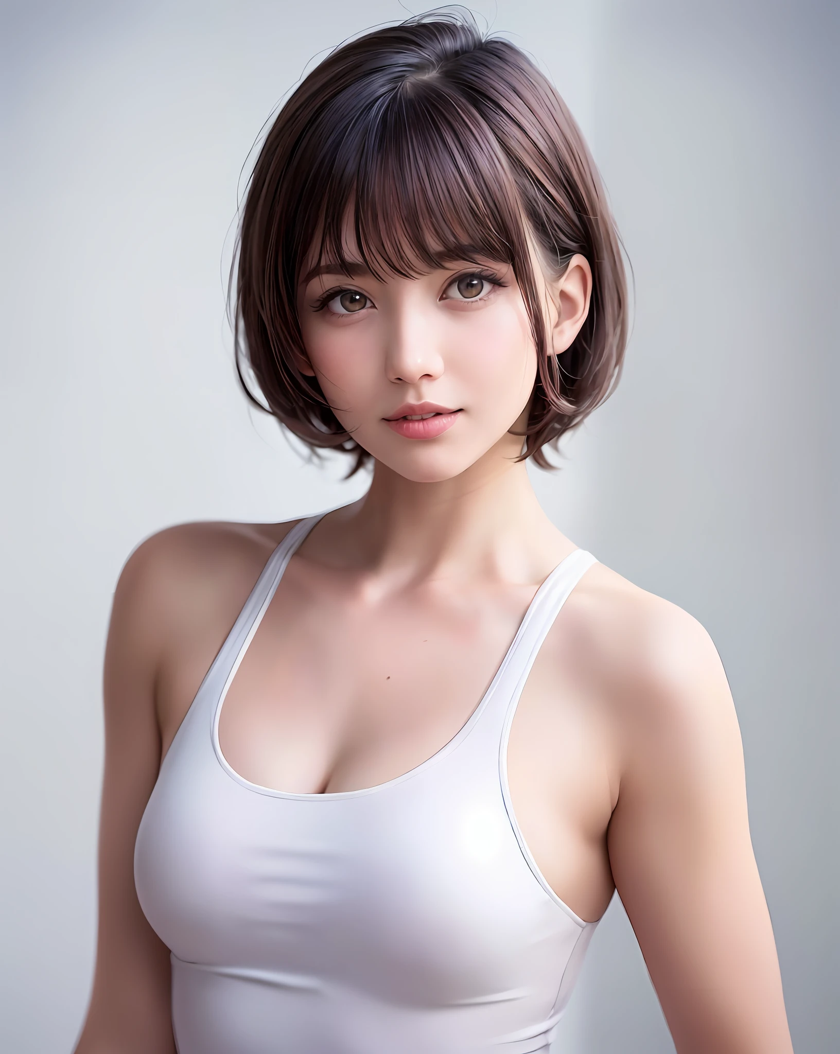 Top Quality, Photorealistic, 8k, High Resolution, Girl, Woman, (Skin Dent), (Portrait: 0.6), Gorgeous, (((White background, Sports Tank Top, Small Breasts: 1.8)), ((Short straight hair, parted bangs: 1.8)), Looking Viewer, (One Girl's Eyes Looking at Viewer: 1.6), Photorealistic, (Bokeh), (closed mouth: 1.6), gorgeous, pureerosface_v1, (8k, top quality, masterpiece: 1.2), (realistic, photorealistic: 1.37), super detailed, girl single, cute, solo, sitting, dating, (blush), (smile: 1.15), (closed mouth), big breasts, gaze staring at camera, chest staring at camera, fine beautiful eyes, big round eyes, Distinct double eyelids, eyelashes, (shirt with collar: 1.1), wet, office clothes, (short hair: 1.2), floating hair NovaFrogStyle, topless, bangs, long neck, happy smile, mouth closed, pretty face, realistic skin tone, realistic texture, unbuttoning, light pink lips, really nothing background, really snow-white background, 28 years old, high school student, No shadows on face, Natural light, Highlights in the eyes, Not thick upper lip, Highlights on the mouth, Lip gloss