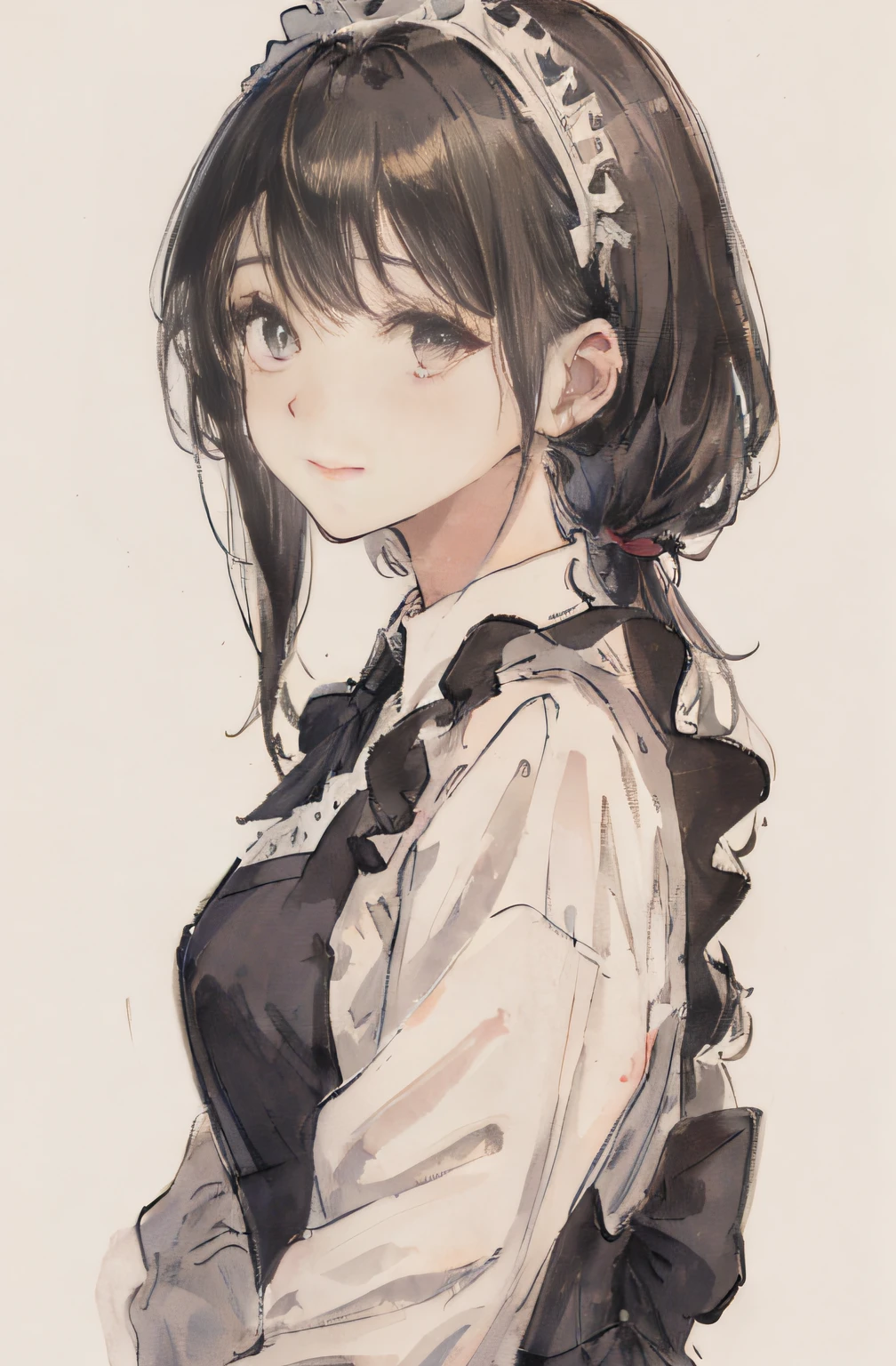 (realisitic:1.4)、(Very complex:1.2)、(The upper part of the body:1.2)、(from the front side:1.3)、1girl in Smile, Long black hair, Maid headdress, Solo, maid apronl, Dress, Long sleeves, Looking at Viewer, grey eyes, Bangs, Simple background, Closed mouth, Collared dress, blush, frilld, White Apron、1girl in、Solo、The ultra-Highres、8K UHD、perfect anatomia、Exquisitely detailed skin、Best Shadows、 Delicate、hight resolution