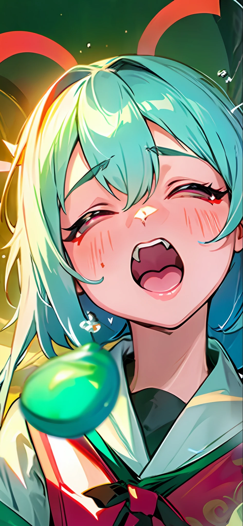 arcane style,
1girl, arm tattoo, asymmetrical bangs, bangs, blue hair, braid, brown shirt, cloud tattoo, looking at viewer, laughing, crazy, uncontrollable laugh, mad look, night, city, green hair, long hair, midriff, pink eyes, red lips, shirt, solo, standing, tattoo, twin braids, upper body, arcane jinx, jinx \(league of legends\)