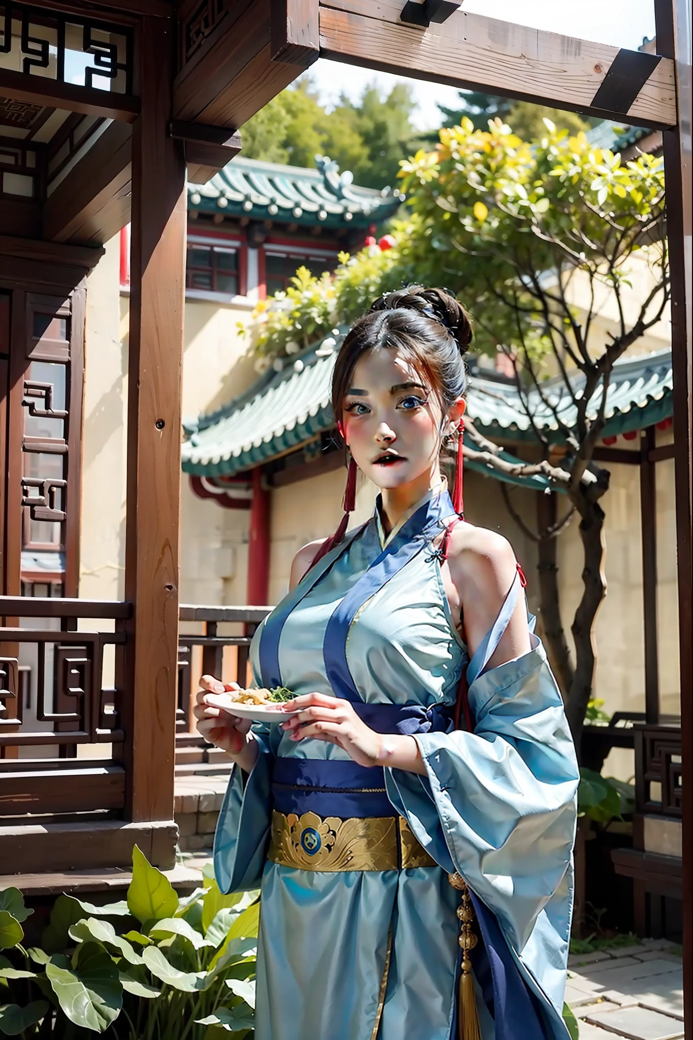 Super detailed CG Chinese architectural wallpaper，A masterpiece of the best quality，Stroke Chinese girl upper body，Surrounded by traditional buildings。Warm daytime atmosphere，A cute face looming，Elegant Hanfu posture。