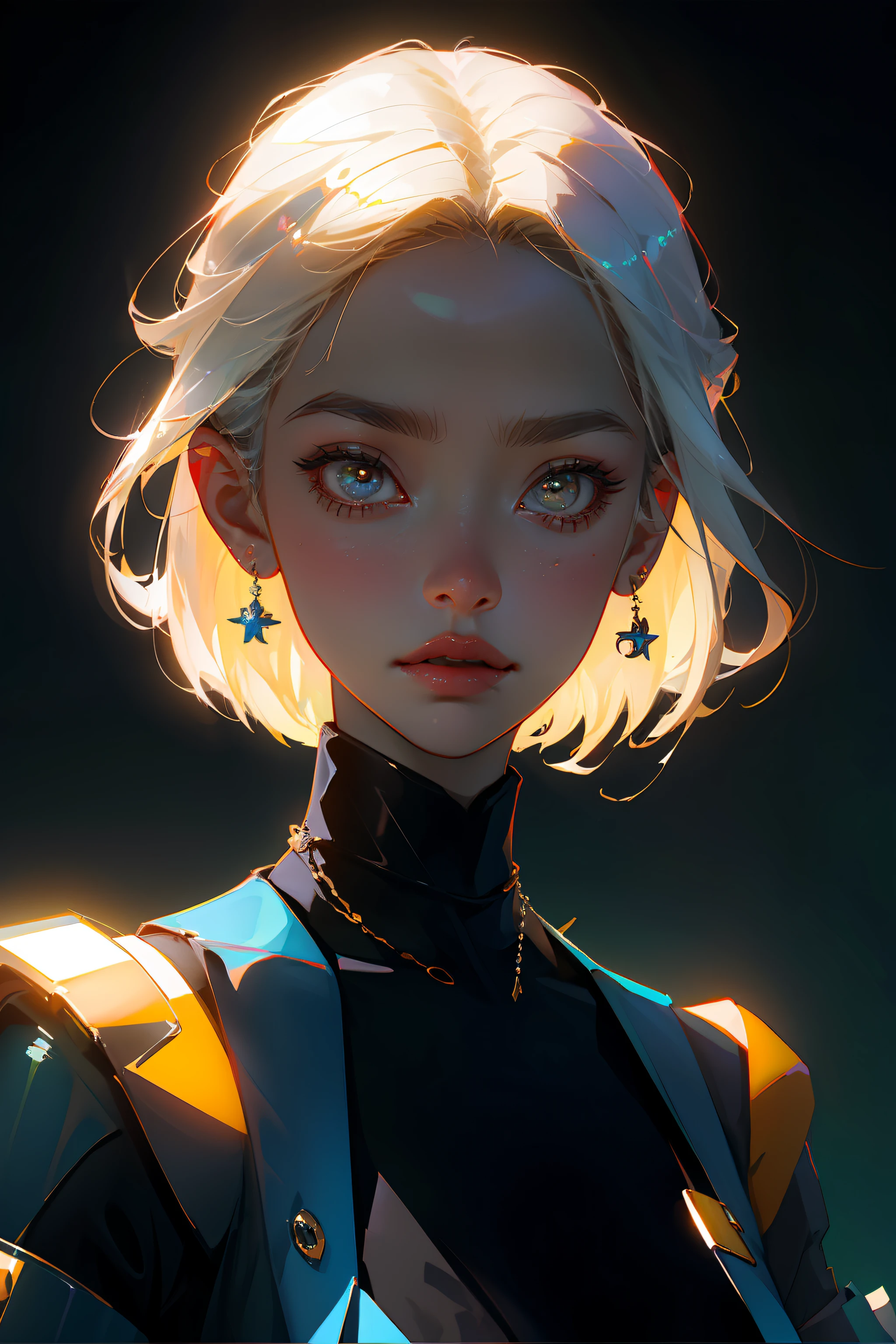 A mais alta qualidade, a obra-prima perfeita, arte perfeita, 8K, (retrato superior do corpo: 1.5), (((visto do lado: 1.2))), lente close-up, rosto delicado, menina de cabelos brancos, (hakuhatsu: 1.3), short and medium hair, (fundo preto: 1.3), pearl illusion, cyberpunk, fashion trend, material 3s, highes definition, detail representation, c4d, 3D, octane rendering, ray tracing, detalhes complexos, Animated lighting, OCrenderer, 8k, com olhos expressivos chorosos, lagrimas .