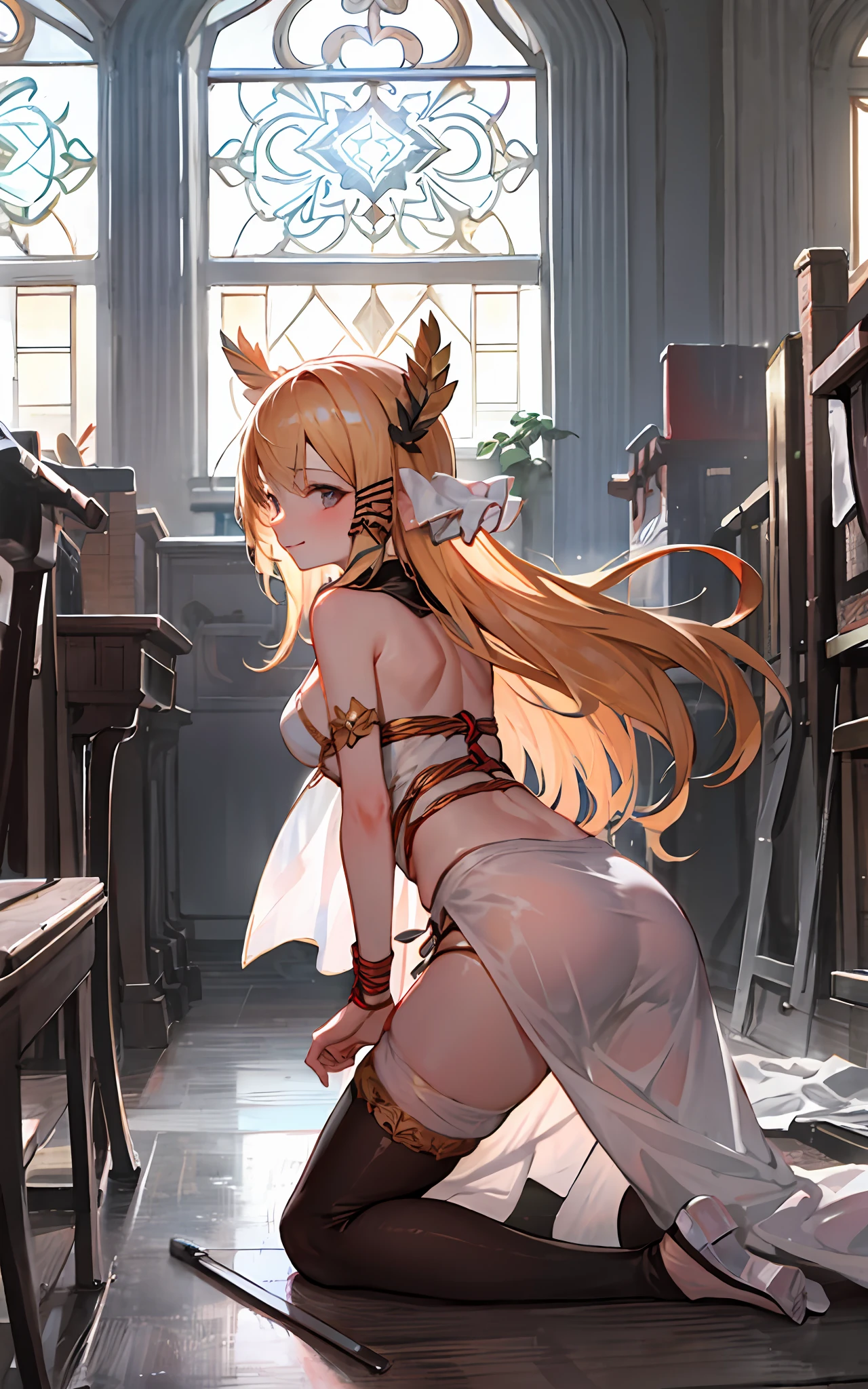 masterpiece,1girl,solo,blonde hair, cleavage, navel,church, blush,light smile, closed mouth, (kneeling:1.2),indoors,no legwear, (shibari:1.2),bondage,rope,(arms behind back:1.2),from behind, ass,