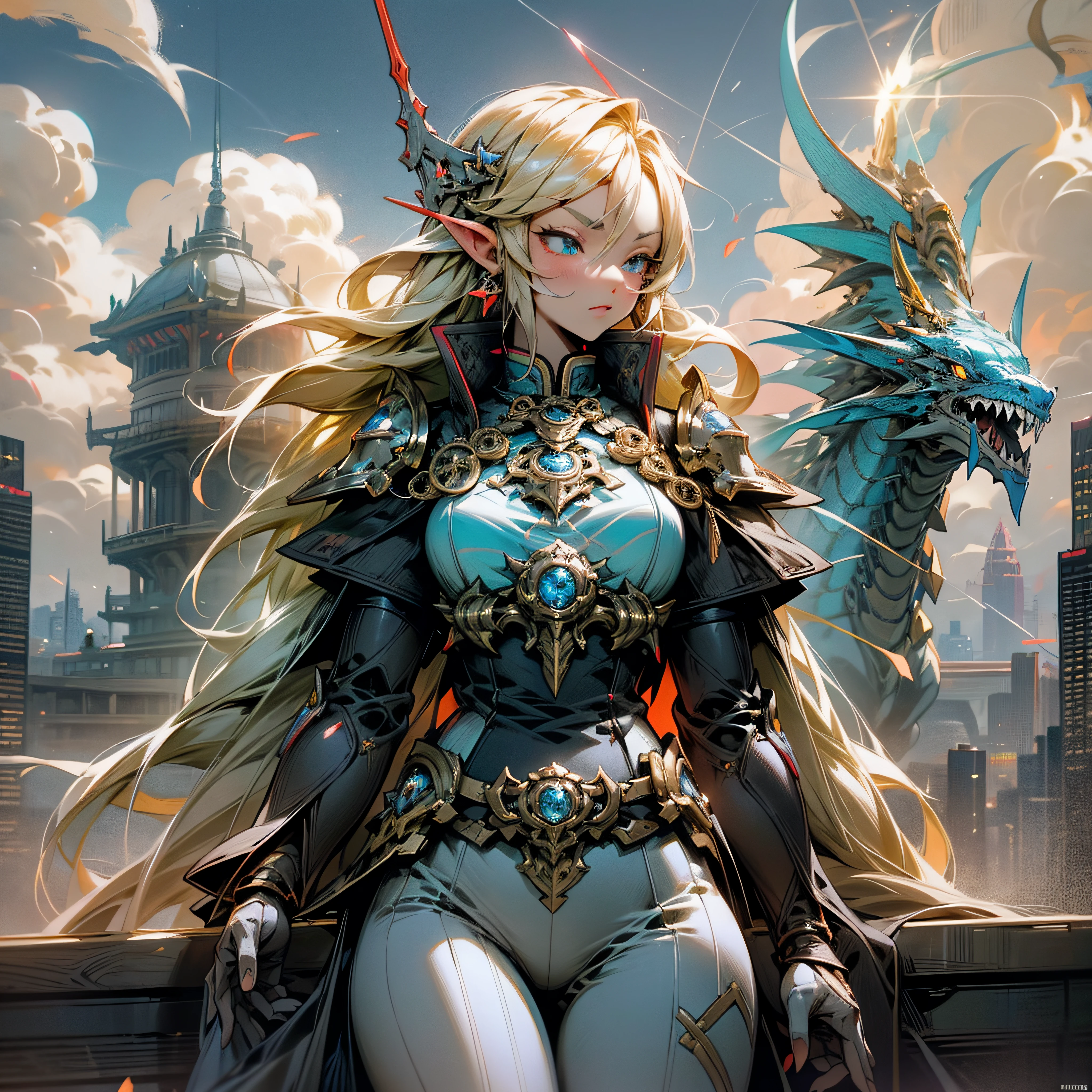 in 8K, top-quality, Real Image, intricate detailes,1girl in、Giant Demon、blonde hair、doress、horor\(theme\) masterpiece、top-quality、ighly detailed --auto
