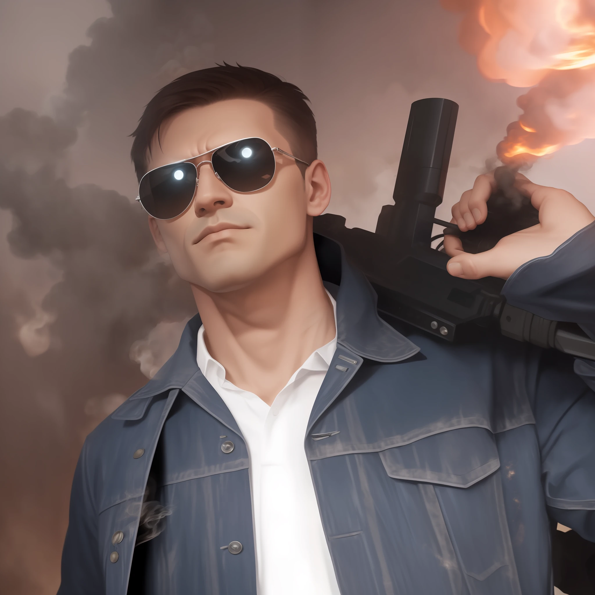 handsome and slightly scary face, shiny glasses, terminator vibes, lots of flares and smoke in the background, dust fills the background, dynamic light, photoshoot, film, HD, 8K