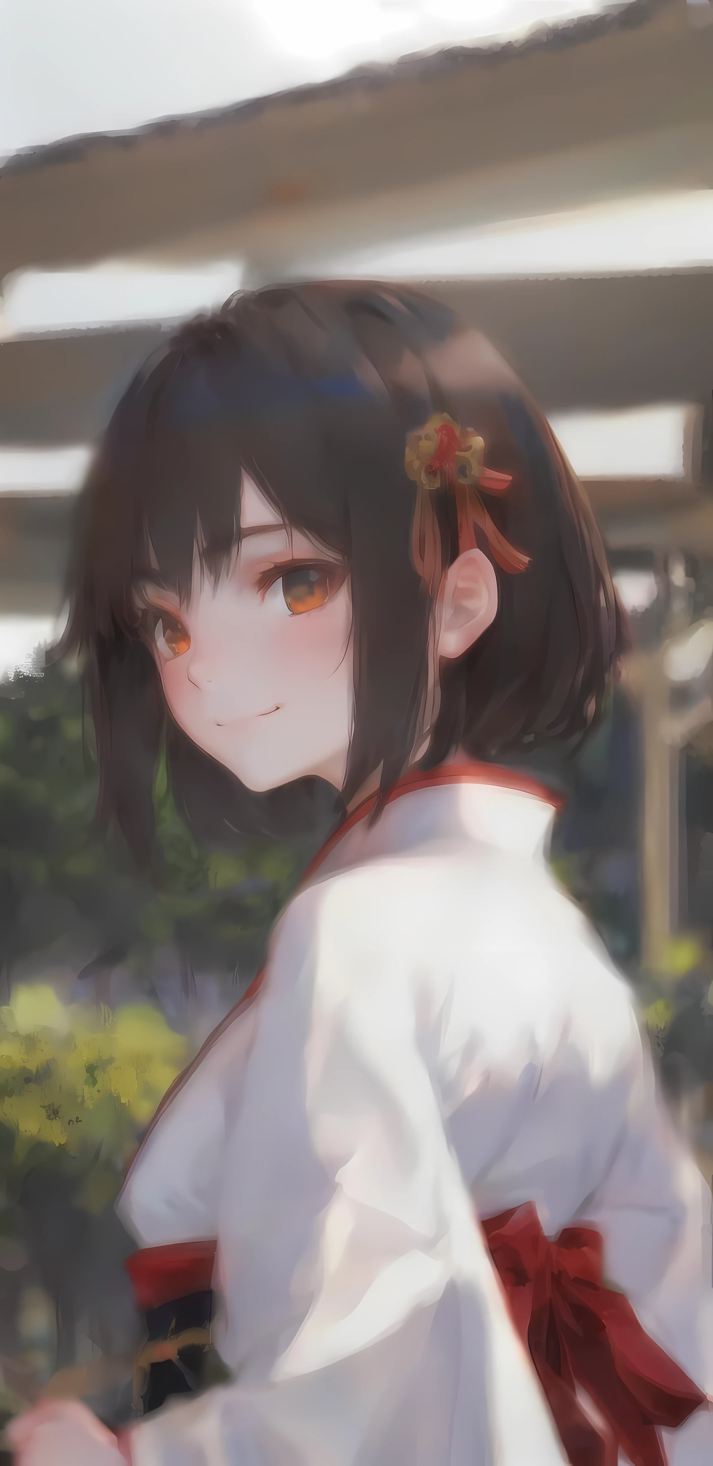 realistic, pavilion, 1 girl, standing, hanfu, red ribbon, short hair, black hair, hairpin, brown eyes, looking back at viewer, smile, medium chest, (upper body:1.4)