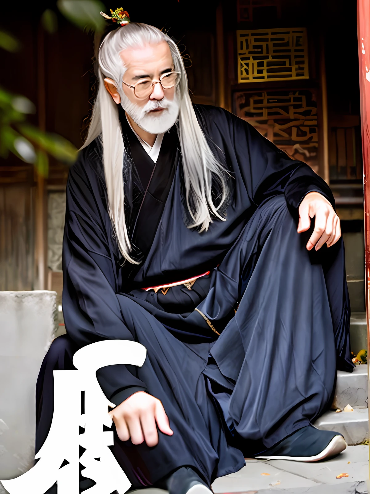 A old man,Long white beard,Taoist priests wear,Bunched hair