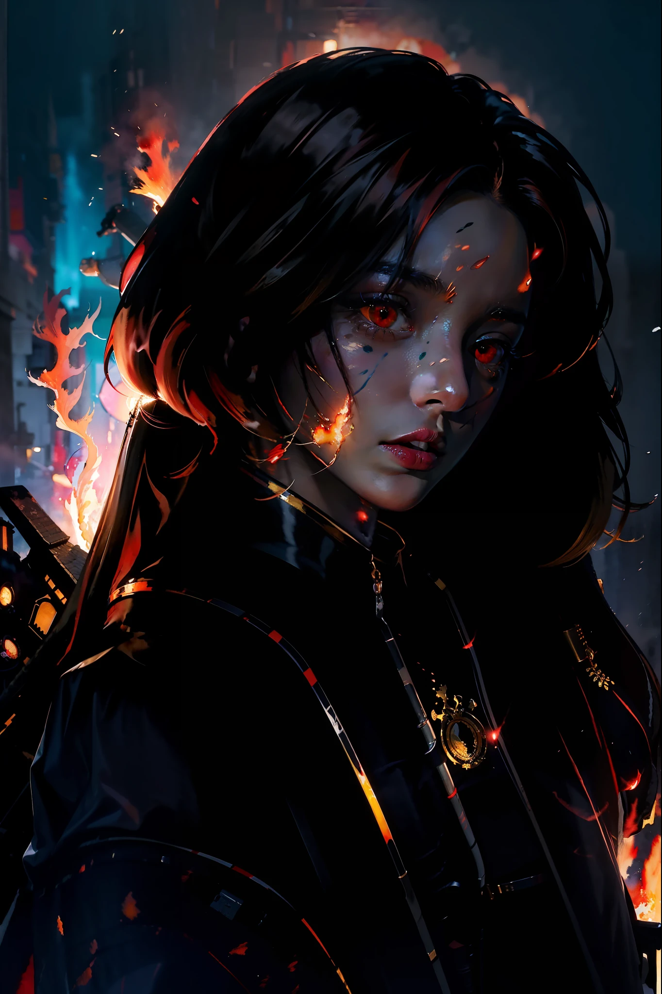 absurdres, (best quality), (masterpiece),(ultra-detailed:1.2),(photorealistic:1.4),(highres),reflection,low angle, sword reflection,samurai, long hair,glowing eyes,red eyes,(half closed eyes:1.4), kimono,strapless, traditional architecture,night,(red moon:1.1),(fog:1.4),(silhouette:0.8) , (expressionless:1.3),(ghost:1.1),red fire,,fantasy, high contrast, ink strokes, explosions, over exposure, purple and red tone impression , abstract, ((watercolor painting by John Berkey and Jeremy Mann )) brush strokes, negative space,