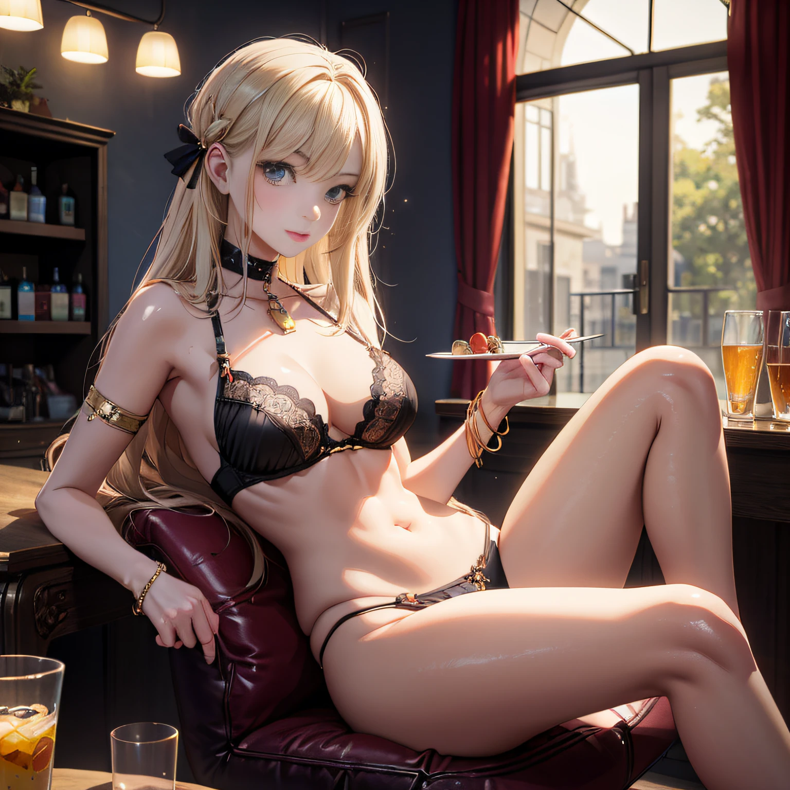 Blonde woman in black bra top sitting in red chair, seductive anime girls, photorealistic anime girl rendering, beautiful and seductive anime woman, Anime. Soft lighting, 3 d anime realistic, attractive anime girls, Beautiful anime girl, Surrealism female students, Surrealism female students, Smooth anime CG art, Anime girl, Photorealistic anime, Realistic anime 3 D style