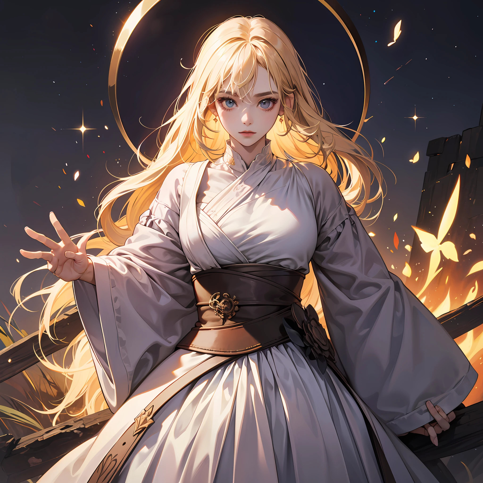 in 8K, top-quality, Real Image, intricate detailes,1girl in、The One-Eyed Giant、blonde  hair、robe blanche、loimu、natta、horor\(theme\)　​masterpiece、top-quality、ighly detailed --auto