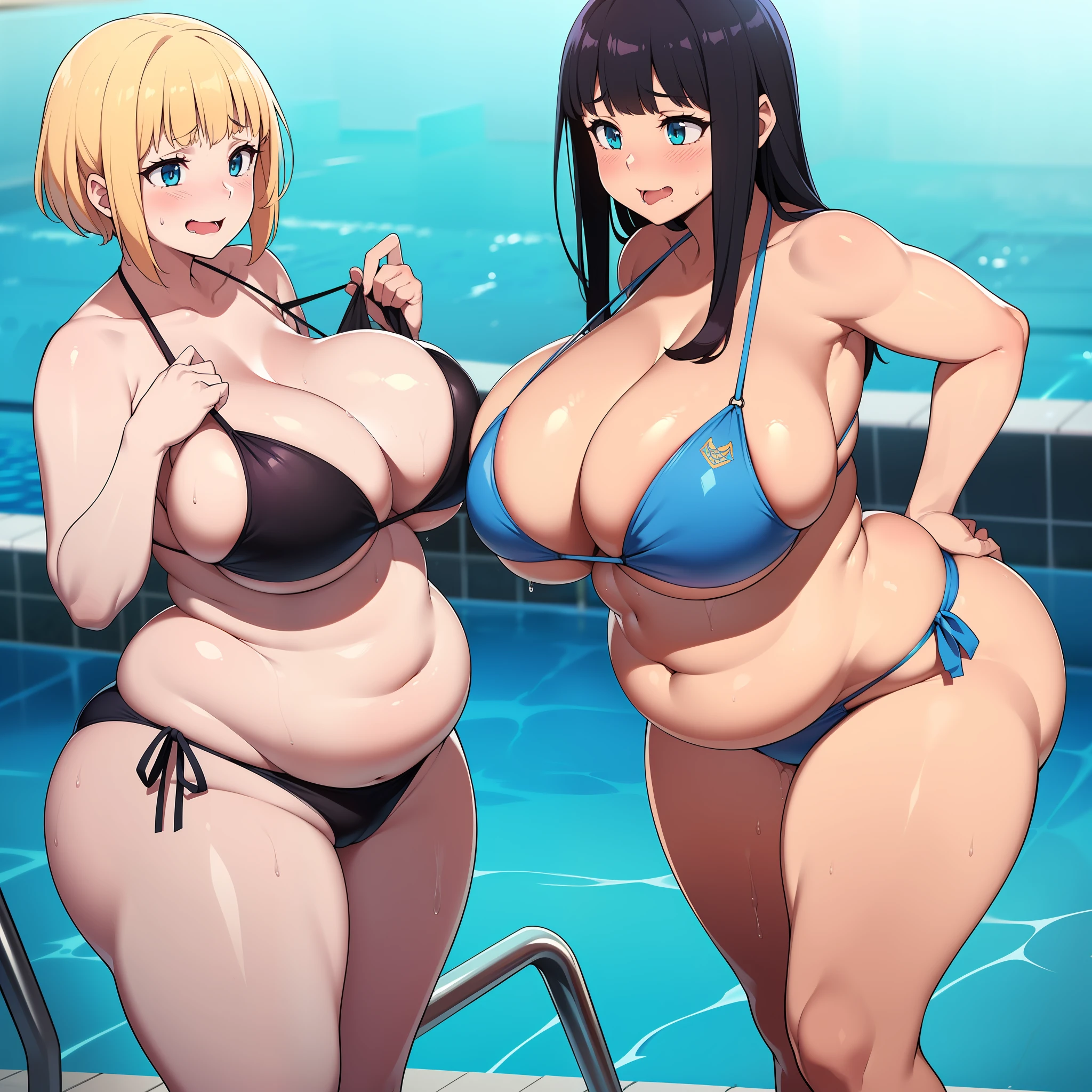 (((kipteitei art))), Masterpiece, high quality, best quality, beautiful, HD, perfect lighting, detailed face, ultra cute face, detailed body, ((2girls)), nervous smile, wet, (((sexually suggestive))), ((masochism)), (embarrassed), (((aroused))), sweating, ((blush)) large breasts, cleavage, covering, perky breasts, ((massive hips)), (((thick thighs))), (((thicc))), ((pudgy)), ((fat folds)), belly hang, side tie bikini, ((undersized bikini)), in public pool, facing to the side, dynamic angle, ((2 girls standing next to each other)), she is embarrassed but it turns her on, standing in the pool