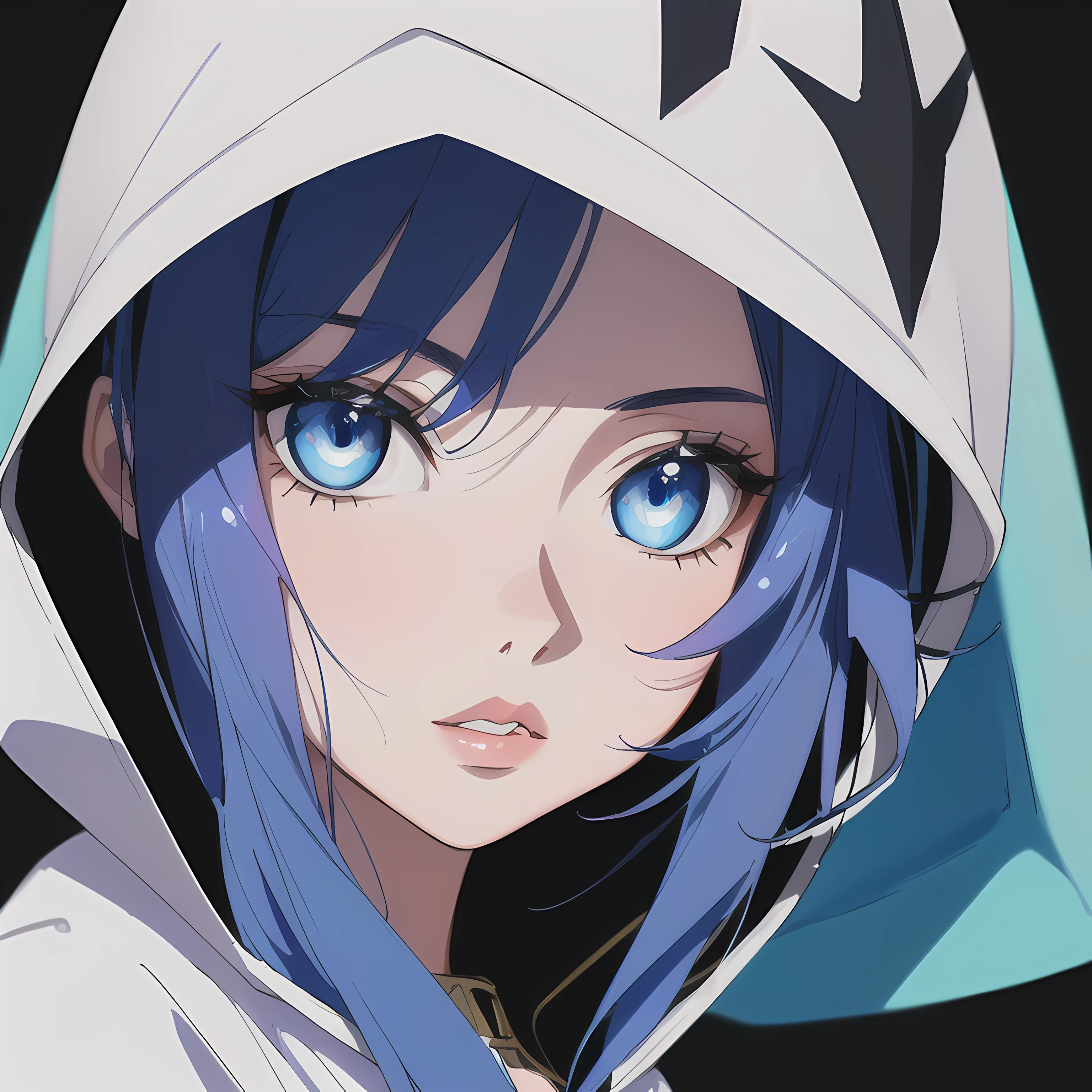 ((close up portrait of middled age woman with a hood on & with big huge giant blue eyes & tiny nose & closed big huge giant full lips!!!:1.5)), she is looking at the camera & her expression is solemn, colorfull anime portait, colorfull anime profile, solemn expression, mysterious portrait of a woman, inspired by Naruto anime series, myself, mysterious portrait, mysterious eerie portrait, night!!! (((masterpiece))), (((best quality))), ((ultra-detailed)), (highly detailed anime illustration), ((an extremely delicate and beautiful)),(from side),cinematic light,((1anime woman)),solo, black background, extreme detailed,colorful,highest detailed