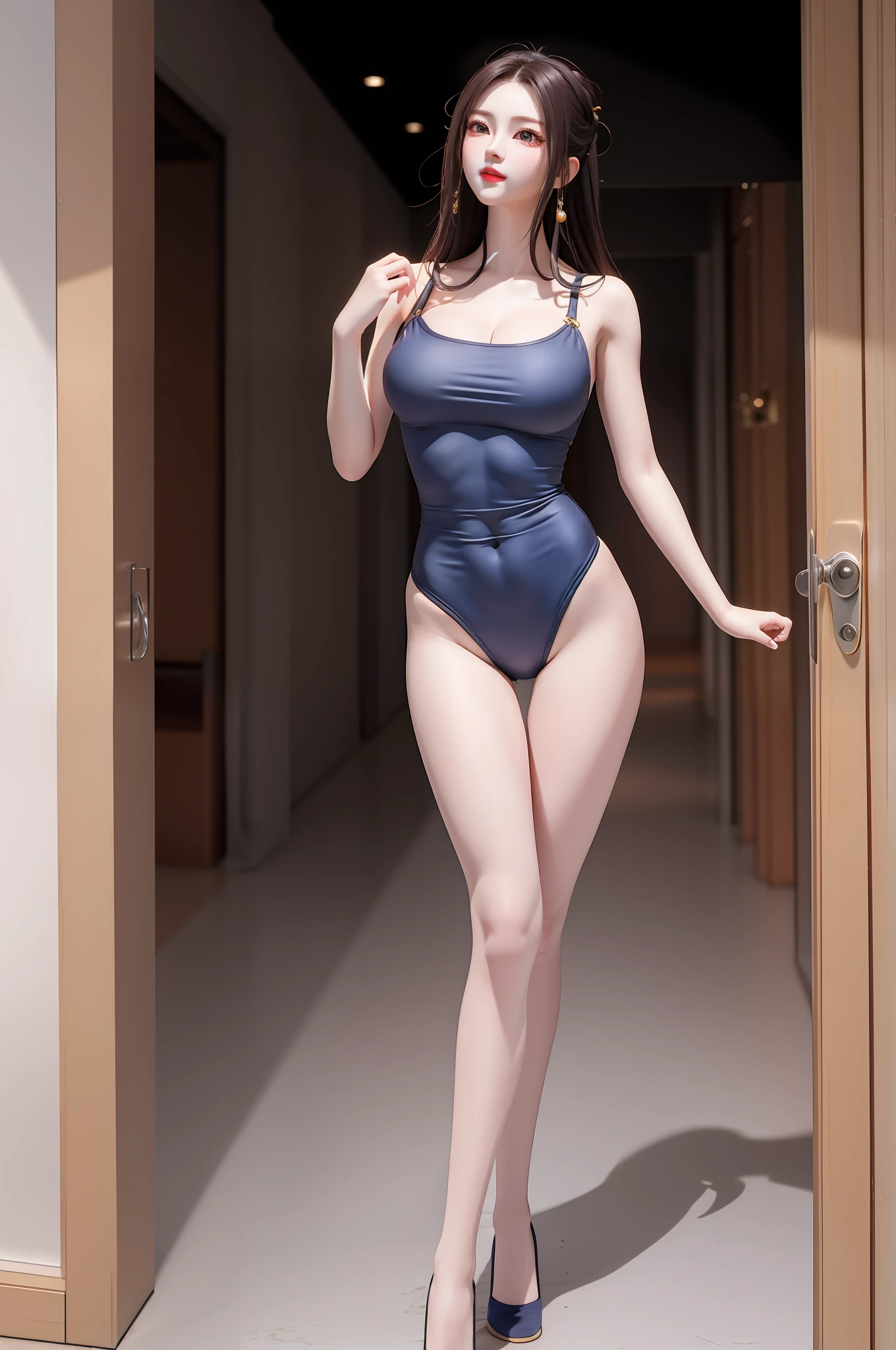 There is a posing in the hallway, in a bathing suit, wearing a tights, photorealistic perfect body, Cute girl with no clothes on, tall thin beautiful goddess, Perfect body, full-body xianxia, Sexy body, hyperrealistic full figure, Good hips and long legs, skinny waist and thick hips