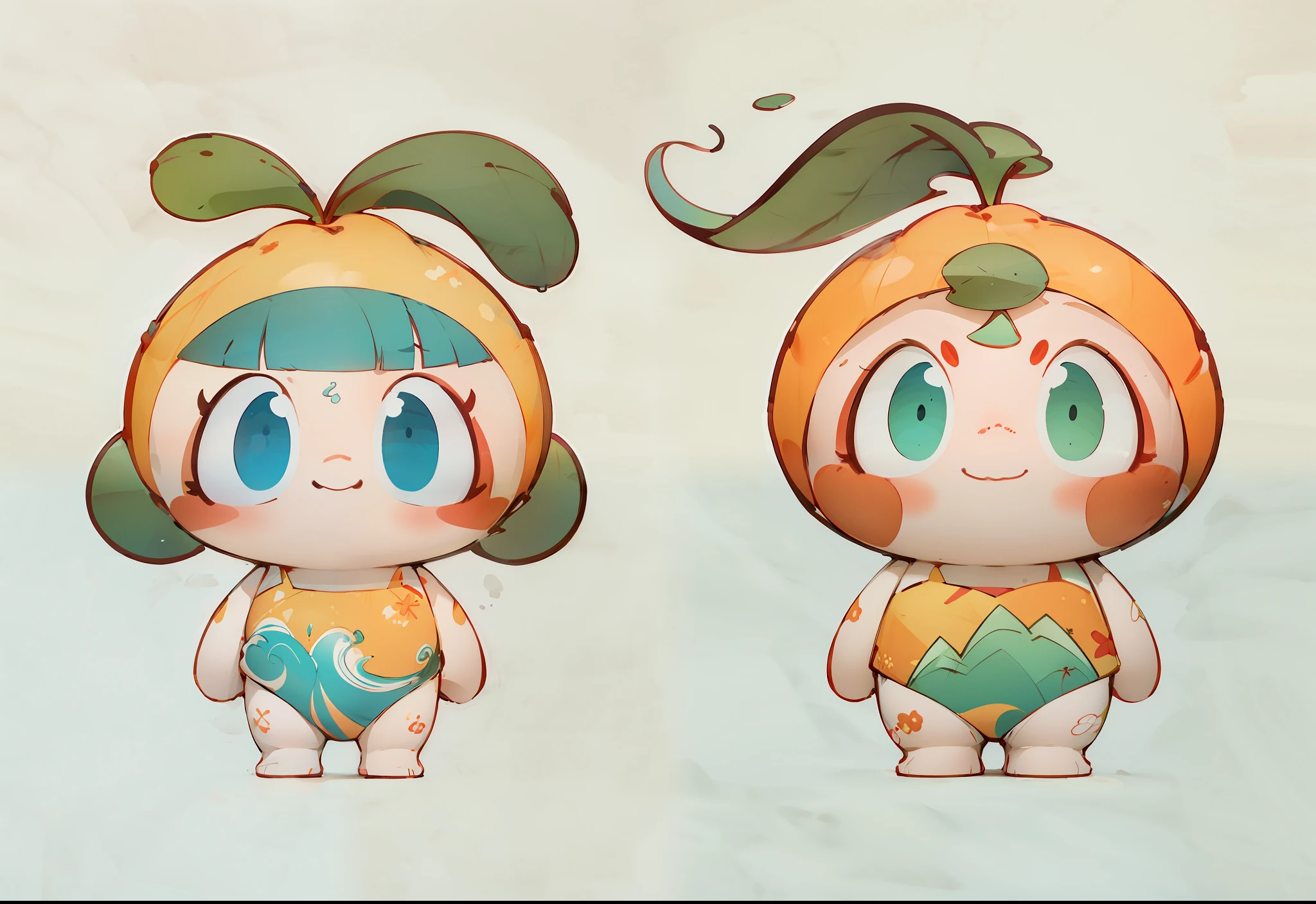 Water apricot mascot,Water apricot leaves on the head,Stand naturally,Frontal whole body,belly-bar,Water streaks,Mountain pattern,Ink painting style,clean color,Decisive cut,Leave white space,impressionistic,tmasterpiece,ultra-detailliert,high qulity, HighestQuali, 4K --v 6