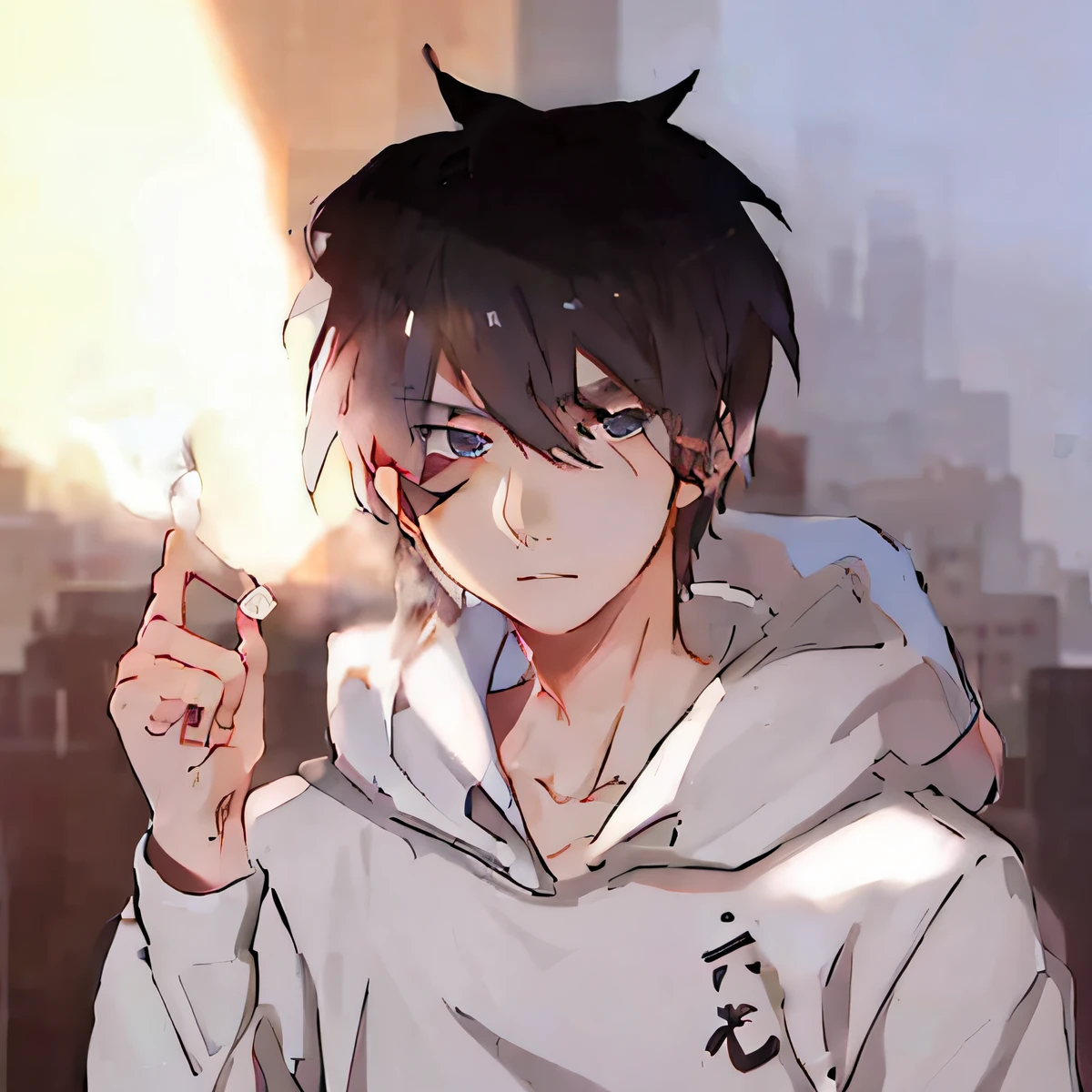 Anime boy with black hair and white hoodie holding cigarette, in an anime style, Anime boy, In anime style, anime moe art style, Anime lighting, 2 d anime style, inspired by Un'ichi Hiratsuka, author：Master of Han Chinese, gendo ikari smoking a joint, author：New Art, In a Japanese anime style, anime art style