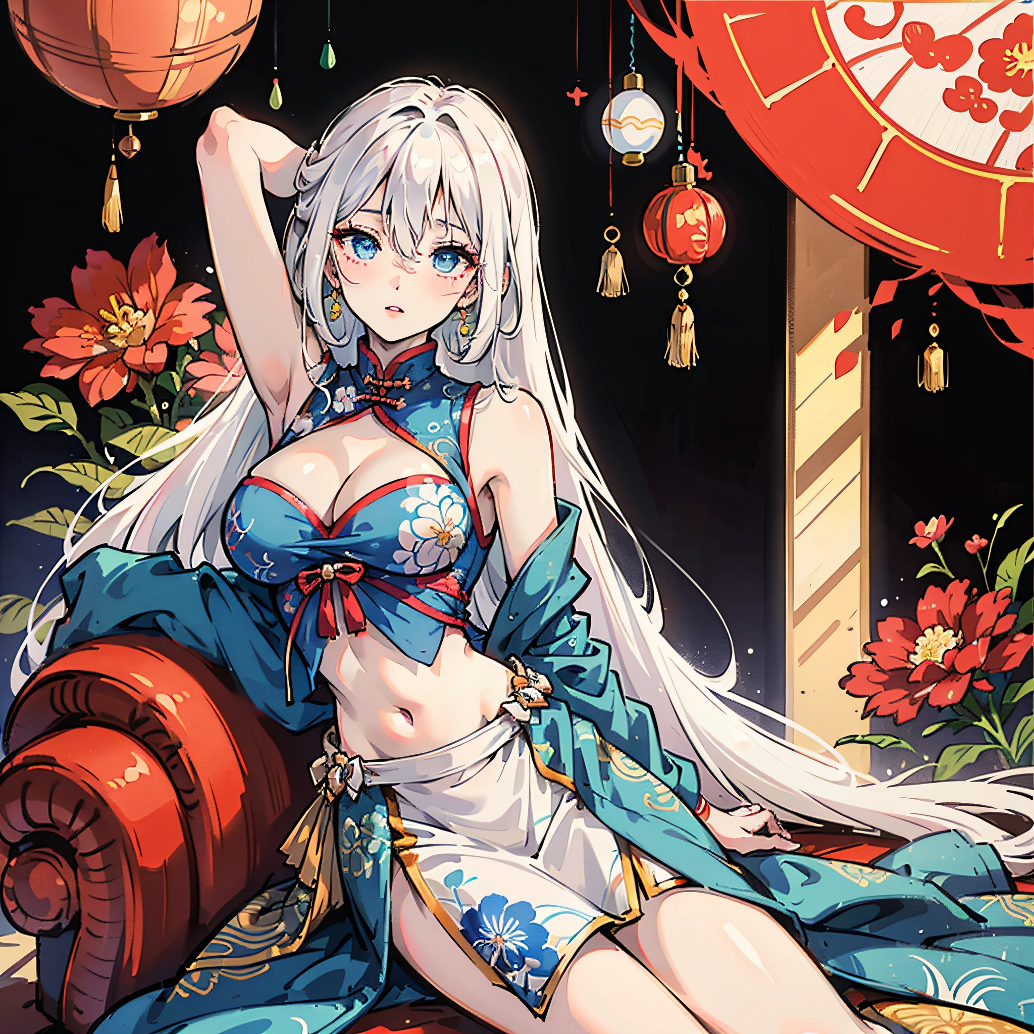 single,long hair,tall image,looking at viewer,blush,fringe,highres,blue eyes,light erotic,white hair,simple background,hair between eyes,sitting,cleavage,traditional clothes,parted lips,arm up,arm support,floral print,covered navel,chinese clothes,arm behind head,cleavage cutout --auto