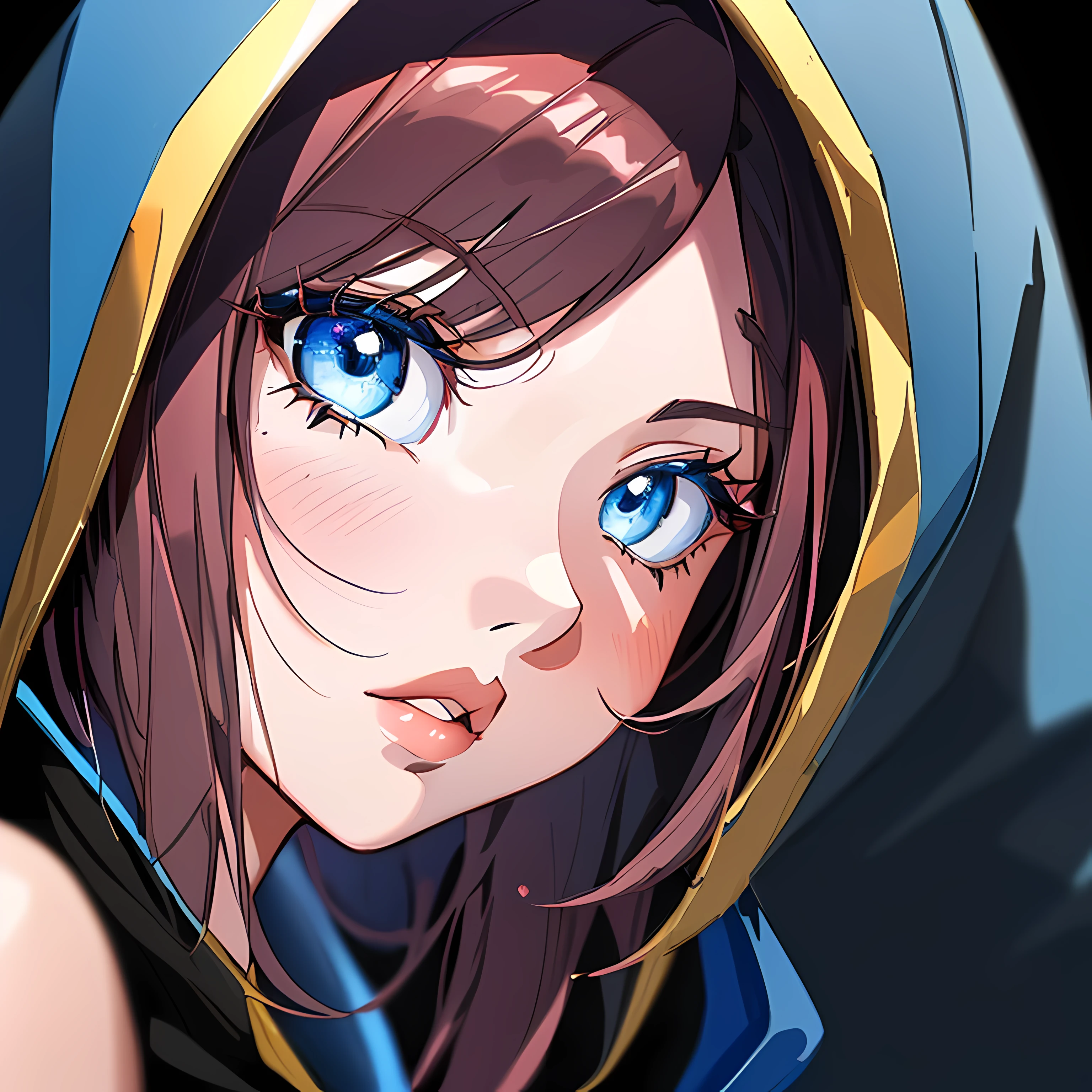 ((close up portrait of middled age woman with a hood on & with big huge giant blue eyes & tiny nose & closed big huge giant full lips!!!:1.5)), she is looking at the camera & her expression is solemn, colorfull anime portait, colorfull anime profile, solemn expression, mysterious portrait of a woman, inspired by Naruto anime series, myself, mysterious portrait, mysterious eerie portrait, night!!! (((masterpiece))), (((best quality))), ((ultra-detailed)), (highly detailed anime illustration), ((an extremely delicate and beautiful)),(from side),cinematic light,((1anime woman)),solo, black background, extreme detailed,colorful,highest detailed