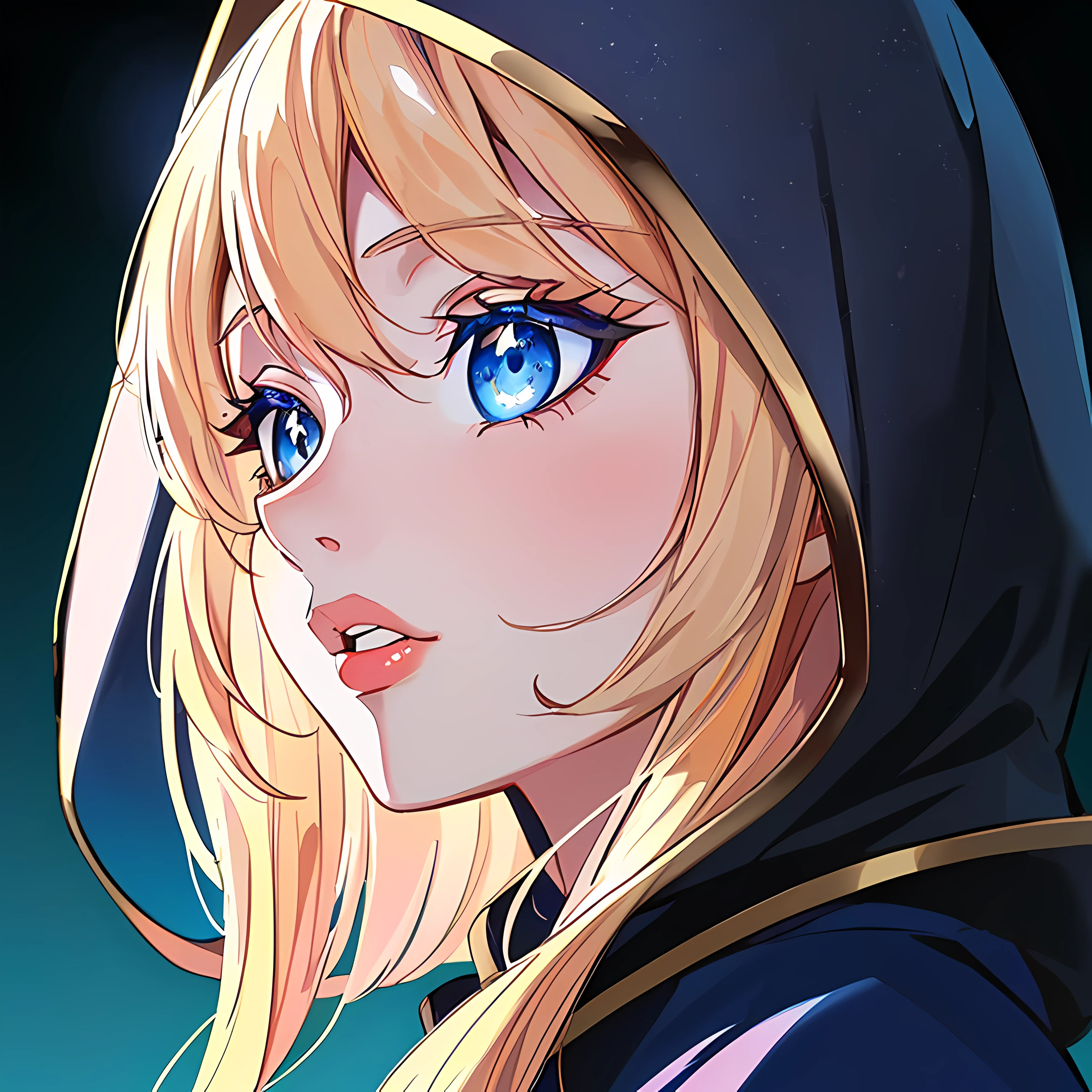 ((close up portrait of middled age woman with a hood on & with big huge giant blue eyes & tiny nose & closed big huge giant full lips!!!:1.5)), she is looking at the camera & her expression is solemn, colorfull anime portait, colorfull anime profile, solemn expression, mysterious portrait of a woman, inspired by Naruto anime series, myself, mysterious portrait, mysterious eerie portrait, night!!! (((masterpiece))), (((best quality))), ((ultra-detailed)), (highly detailed anime illustration), ((an extremely delicate and beautiful)),(from side),cinematic light,((1anime woman)),solo, black background, extreme detailed,colorful,highest detailed