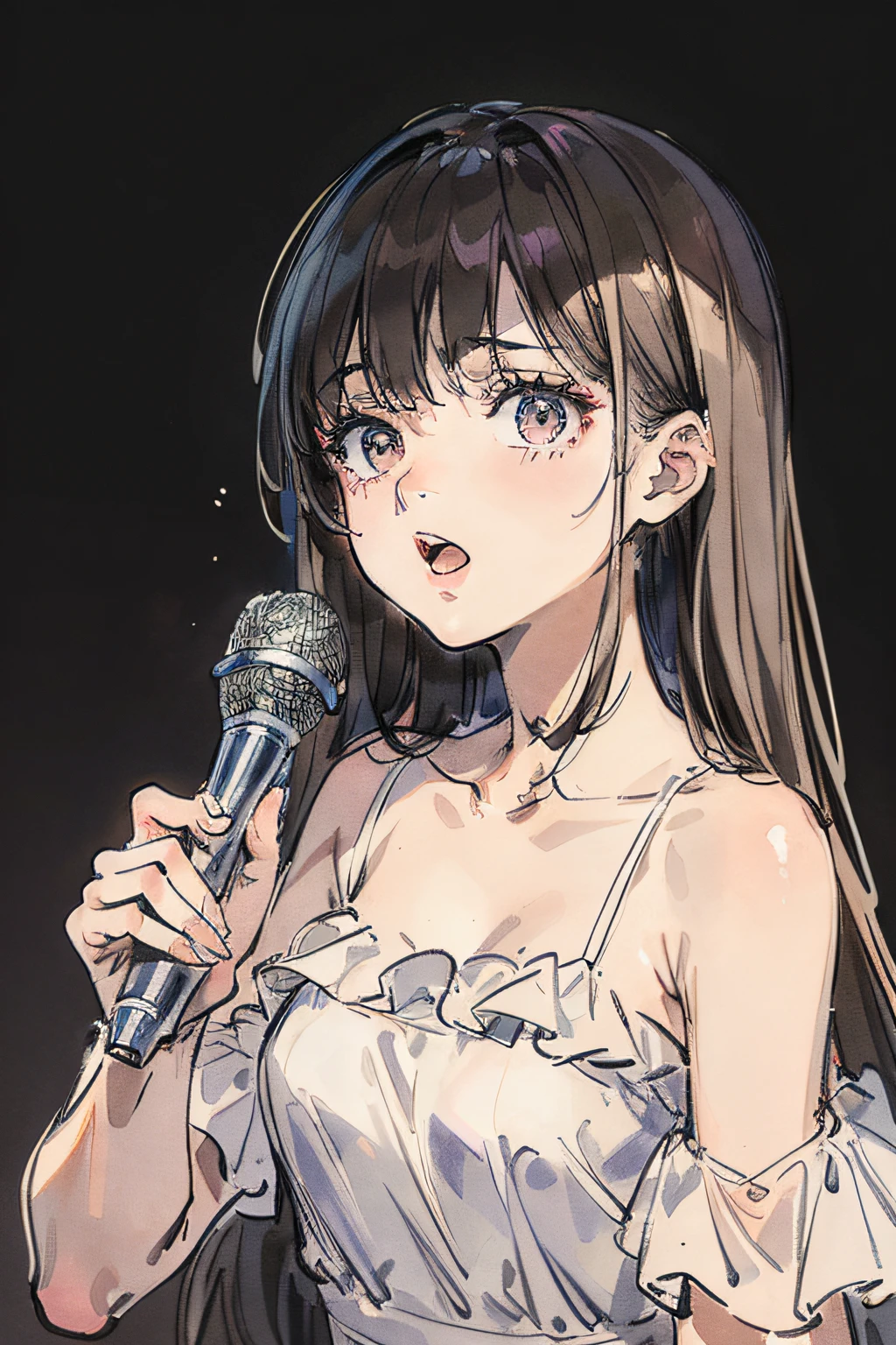 ((Top Quality, 8k, 32k, Masterpiece: 1.2)) a girl singing into a microphone, white dress, simple background inside dark, strong lighting,