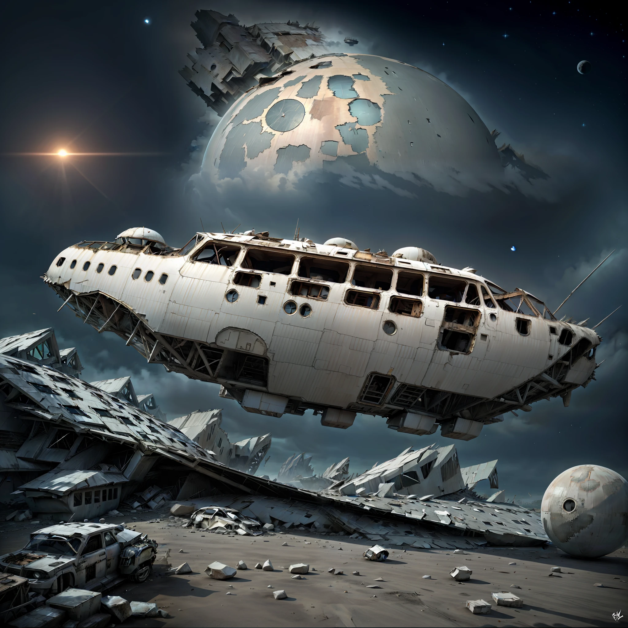 Broken shipwreckage(tmasterpiece),Sad,8k,A fallen spaceship in the universe(best qualtiy),deep dark background