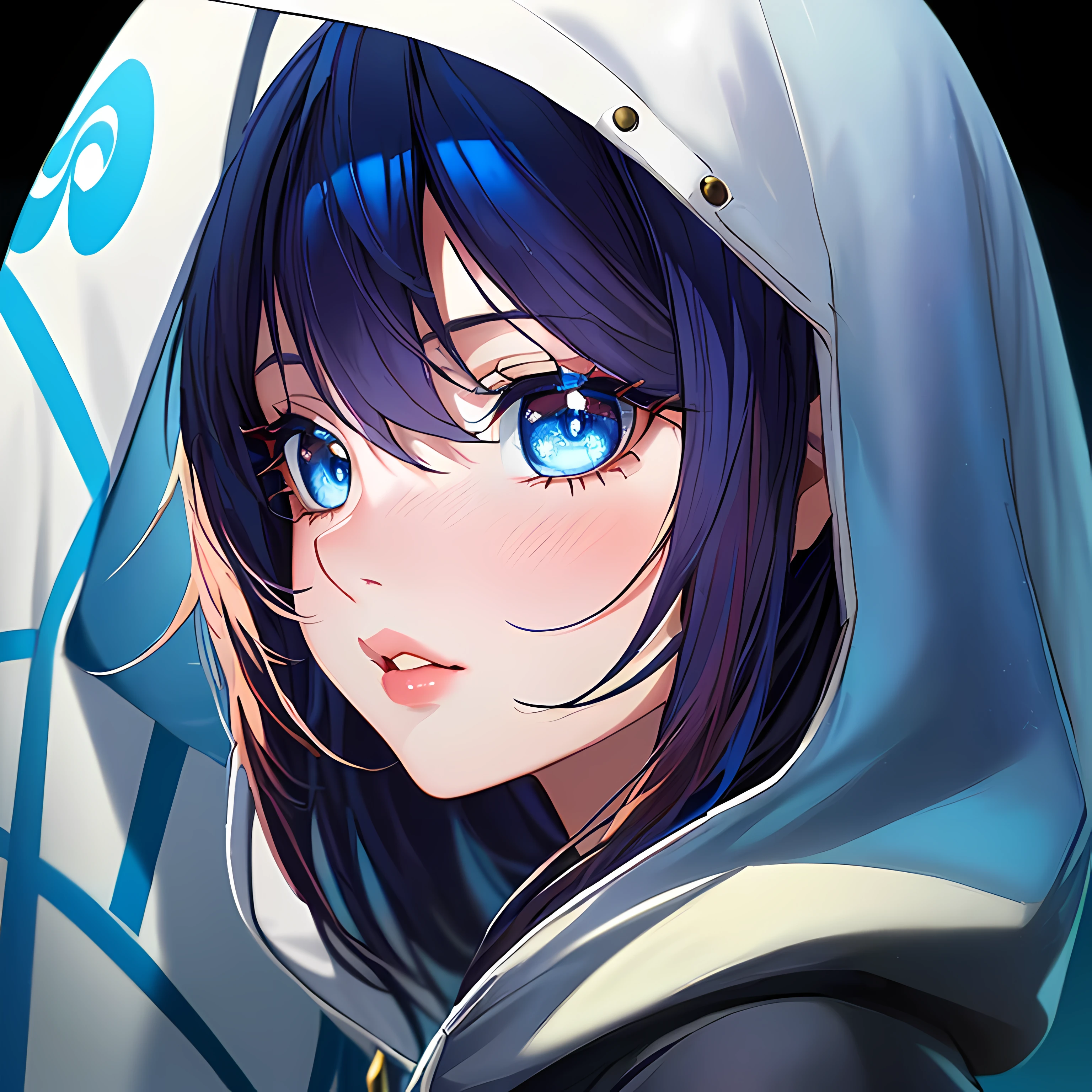 ((close up portrait of middled age woman with a hood on & with big huge giant blue eyes & tiny nose & closed big huge giant full lips!!!:1.5)), she is looking at the camera & her expression is solemn, colorfull anime portait, colorfull anime profile, solemn expression, mysterious portrait of a woman, inspired by Naruto anime series, myself, mysterious portrait, mysterious eerie portrait, night!!! (((masterpiece))), (((best quality))), ((ultra-detailed)), (highly detailed anime illustration), ((an extremely delicate and beautiful)),(from side),cinematic light,((1anime woman)),solo, black background, extreme detailed,colorful,highest detailed