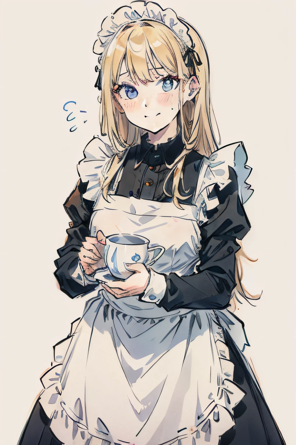 1girl, smile, long hair, maid headdress, solo, maid, apron, maid apron, dress, long sleeves, looking at viewer, grey eyes, blue eyes, blonde hair, bangs, simple background, closed mouth, collared dress, blush, frills, white apron, black dress