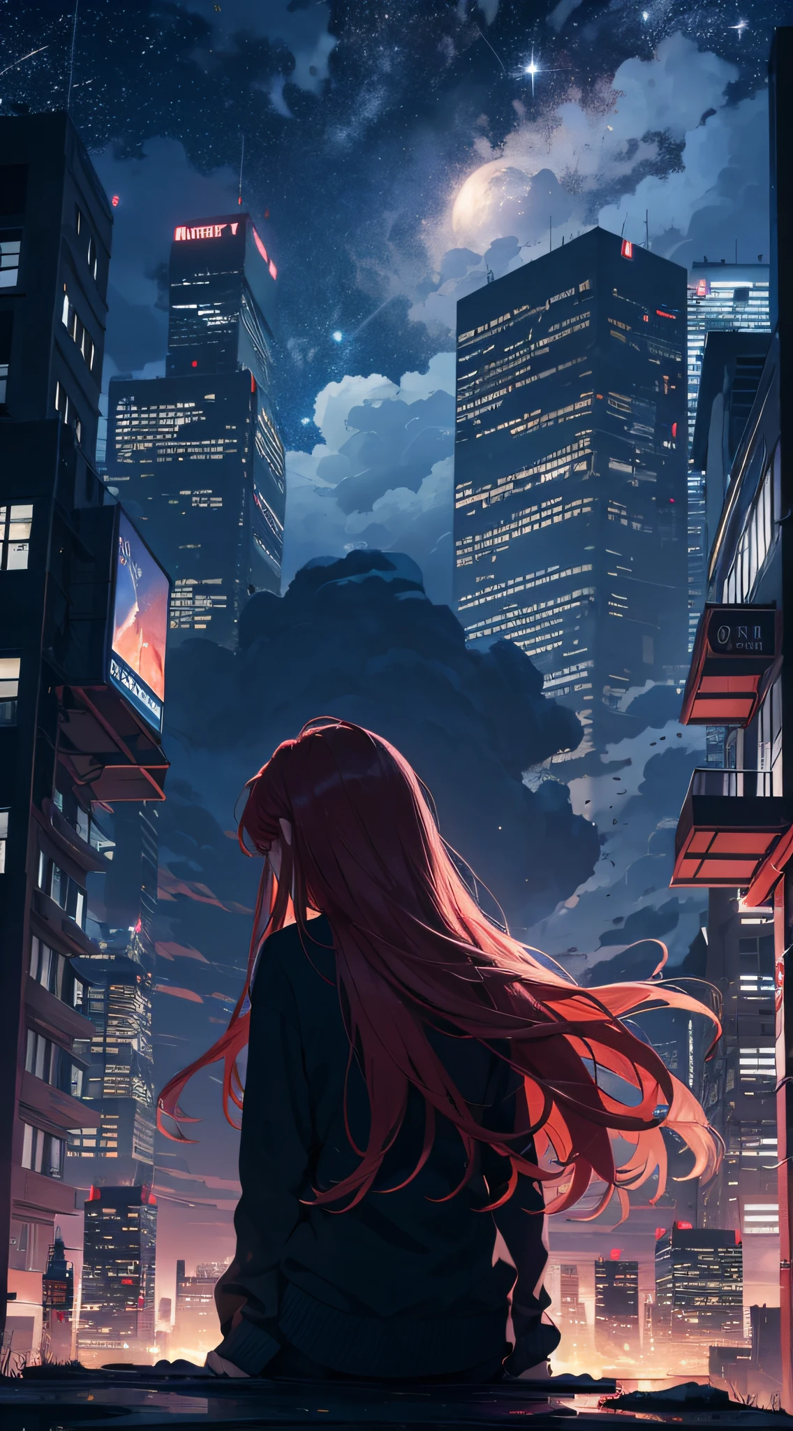octans, sky, star (sky), scenery, starry sky, night, 1girl, night sky, solo, outdoors, building, cloud, milky way, sitting, tree, long hair, city, silhouette, cityscape, red hair girl, fantastic sky, planet