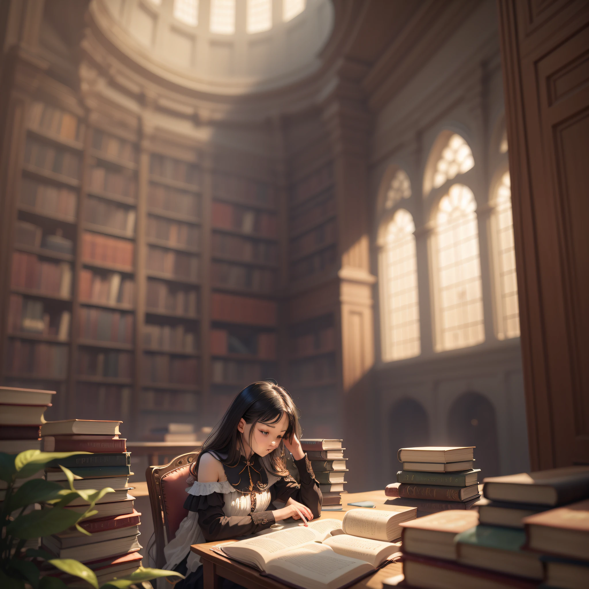 In a solitary corner of a vast and enchanting library, envision a young girl with a round face and luscious black hair. She sits at a wooden desk, engrossed in a captivating book, immersing herself in the world of knowledge and imagination. The atmosphere is filled with a dark academia aesthetic, evoking a sense of intellectual curiosity and introspection.
Surrounded by towering bookshelves, the library is a haven of wisdom and enchantment. Countless volumes line the shelves, their spines adorned with titles that invite exploration and discovery. The girl is enveloped by the scent of aged paper and the hushed whispers of ancient knowledge.
A large window bathes the room in natural light, casting gentle rays upon the girl and her book. It offers a view of the outside world, where a magnificent tree stands tall and proud. Its branches extend towards the sky, reaching for the infinite possibilities that lie beyond the confines of the library.
As the girl delves deeper into her reading, her imagination takes flight. The characters and stories within the pages come alive, transporting her to far-off lands and different times. The books become her companions, offering solace and inspiration in her solitary pursuit of knowledge.
In this serene setting, the girl embodies the essence of solitude and introspection. Her round face reflects a sense of tranquility and contemplation, as she finds solace in the company of words and ideas. The ambiance of the library fosters an environment where the mind can wander and explore, free from the distractions of the outside world.
The combination of the girl, the books, the tree, and the dark academia aesthetic creates a harmonious composition. It is a celebration of the power of knowledge, the beauty of solitary introspection, and the enchantment that can be found within the pages of a book.
Allow yourself to be transported to this captivating scene, where the young girl immerses herself in the depths of a book. Embrace the dark