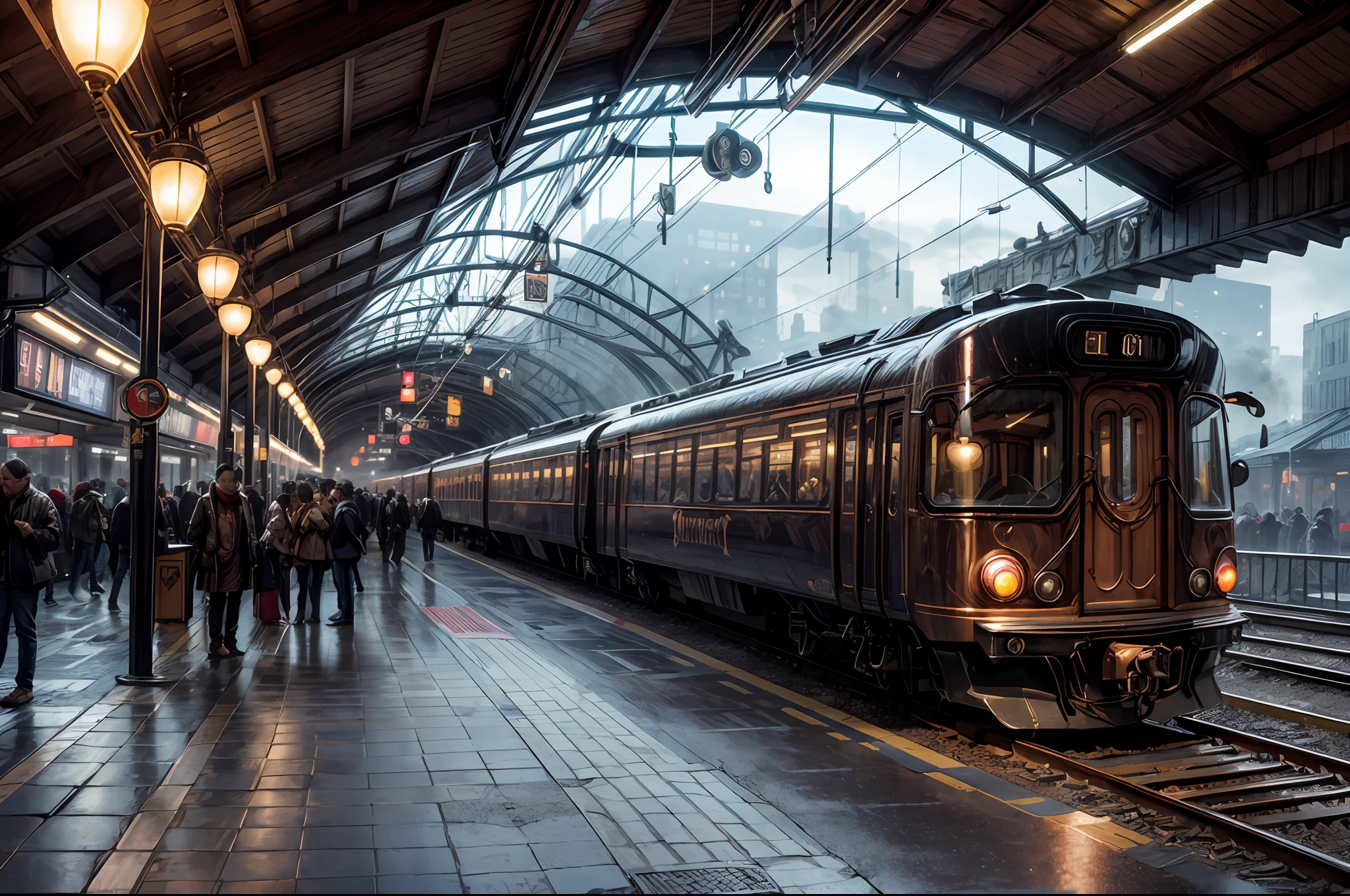 masterpiece, best quality, high quality, extremely detailed 8k unit wallpaper CG, (train station, steampunk) crowded hustle bustle, copper twisting, mechanical clockwork, slick platforms, hazy atmosphere, city smog, billowing steam, clanking metal, fraying cables, (people rushing+people waiting), brass buttons, snappy caps.