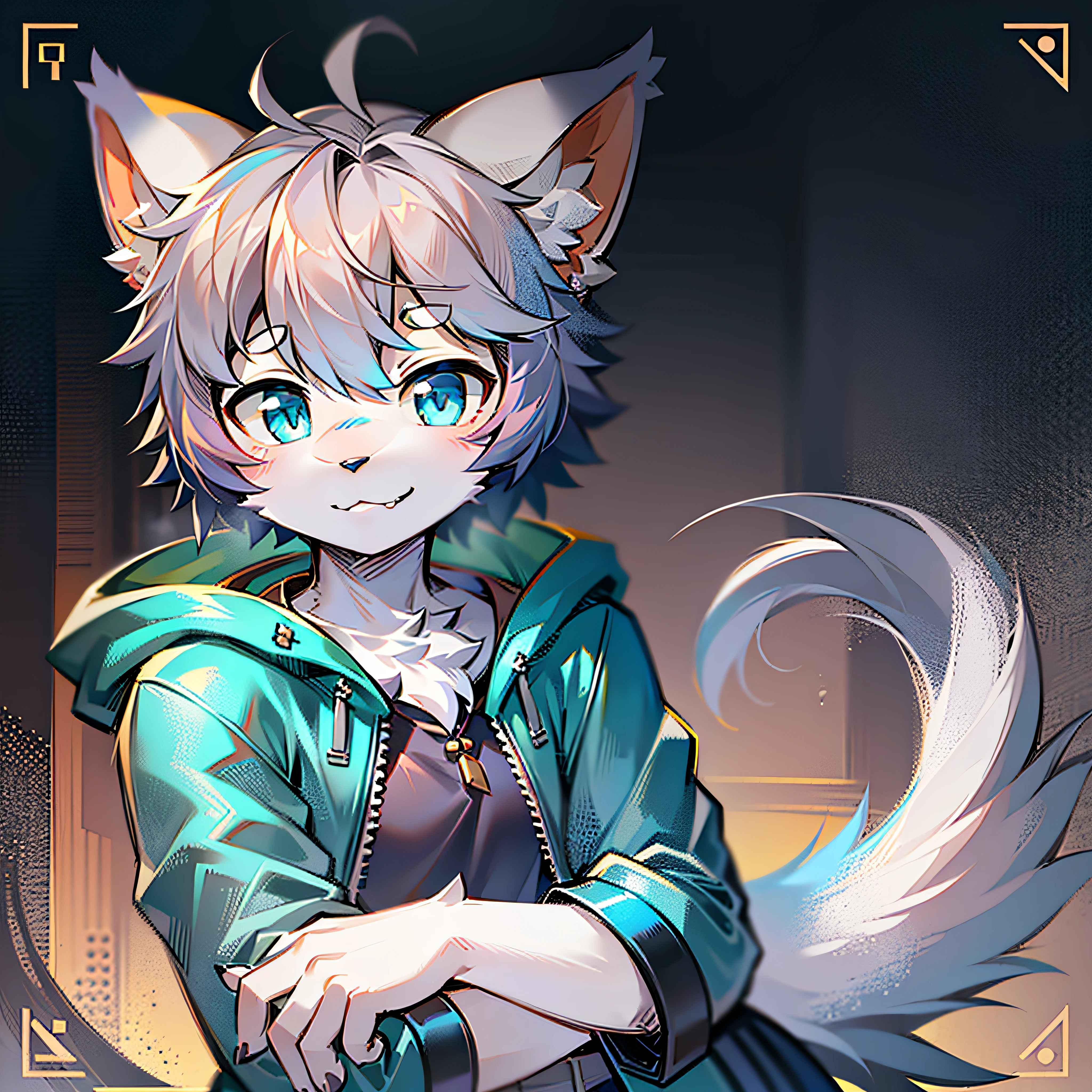 Bright eyes, character bust photo, Q version, avatar frame, character focus, solo, furry, furry male cat, male yellow-white fur, blue eyes, gray hair (long) **** style, little cute, will sell cute, wearing blue clothes and pants, has a tail